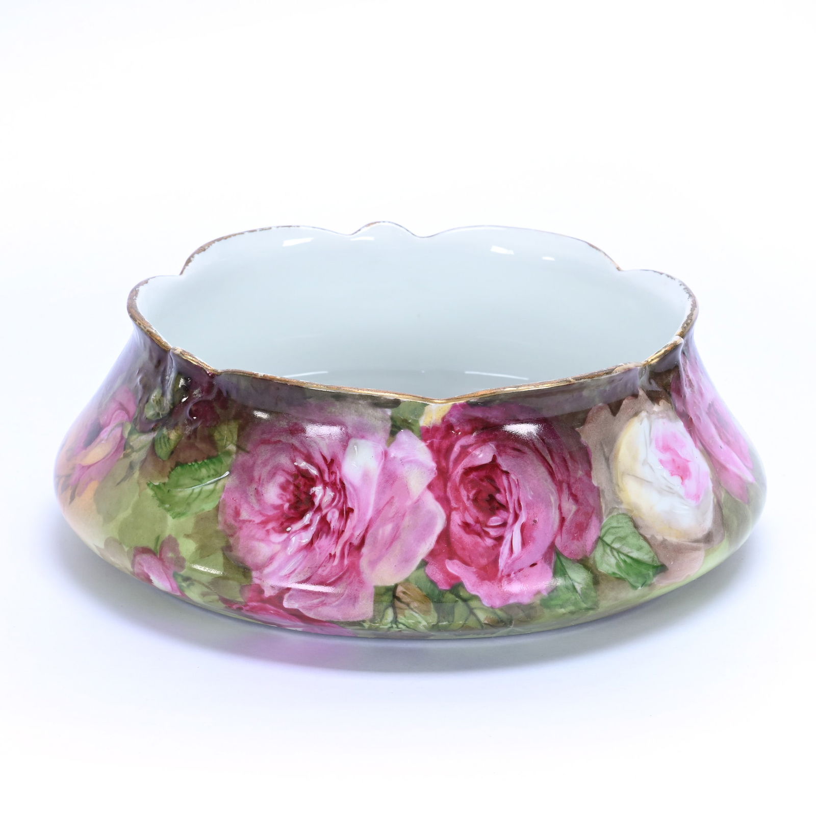 Fern Holder, Marked Limoges Art China: Fern Holder, Marked Limoges Art China, 8.5 x 8.5 x 3 Inches, Green And Brown Tones With Pink Rose Decor, Artist Signed, 2 Pounds, Colorado Private Collection.