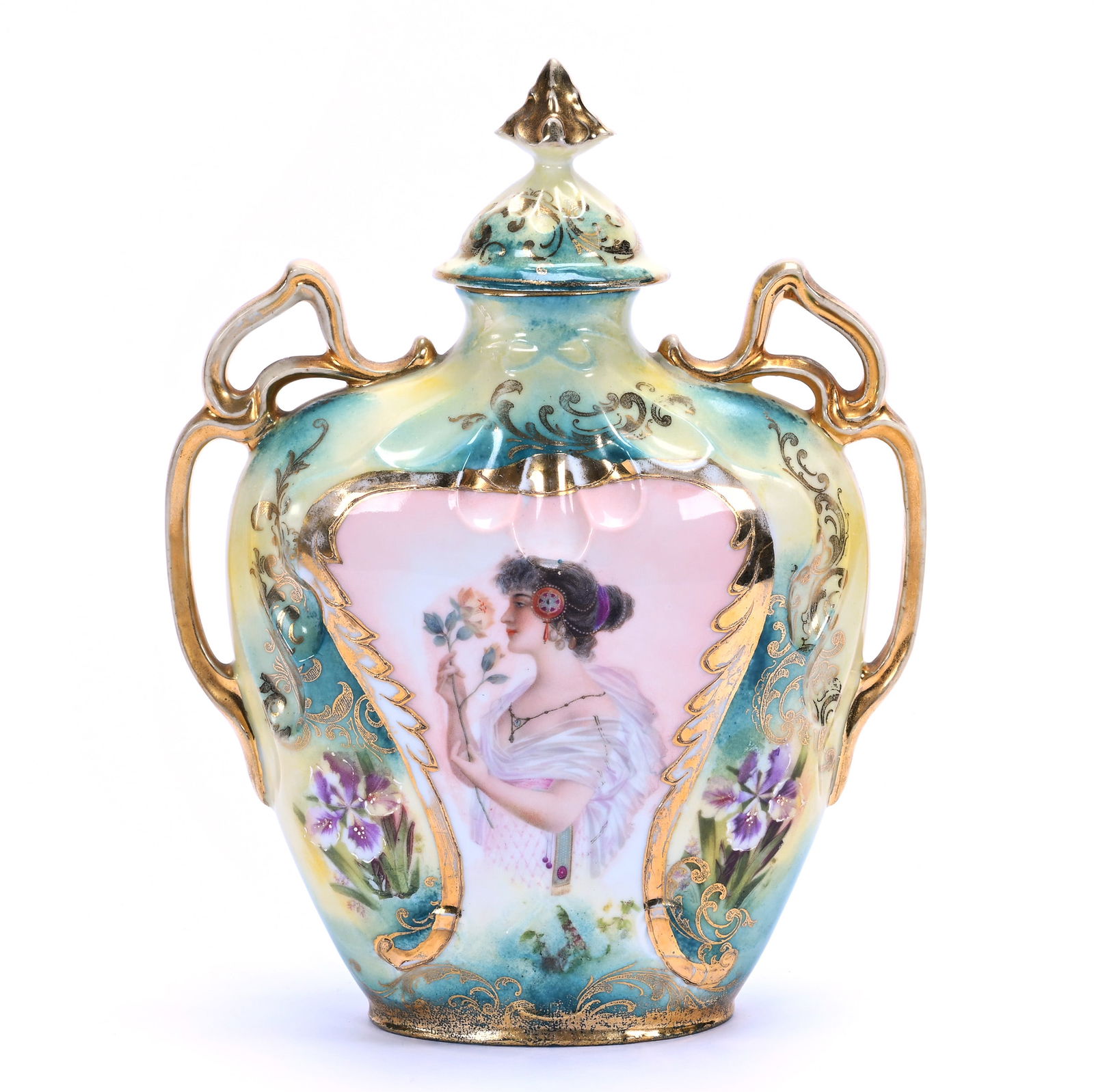 Covered Two Handled Urn, Prussia Style Unidentified Germany Mark: Covered Two Handled Urn, Prussia Style Unidentified Germany Mark, 9 x 6.75 x 2.5 Inches, Green And Yellow Tones With Portrait Of Young Woman Smelling Rose, Gold Trim Highlights, 1 Pound, Colorado Priv