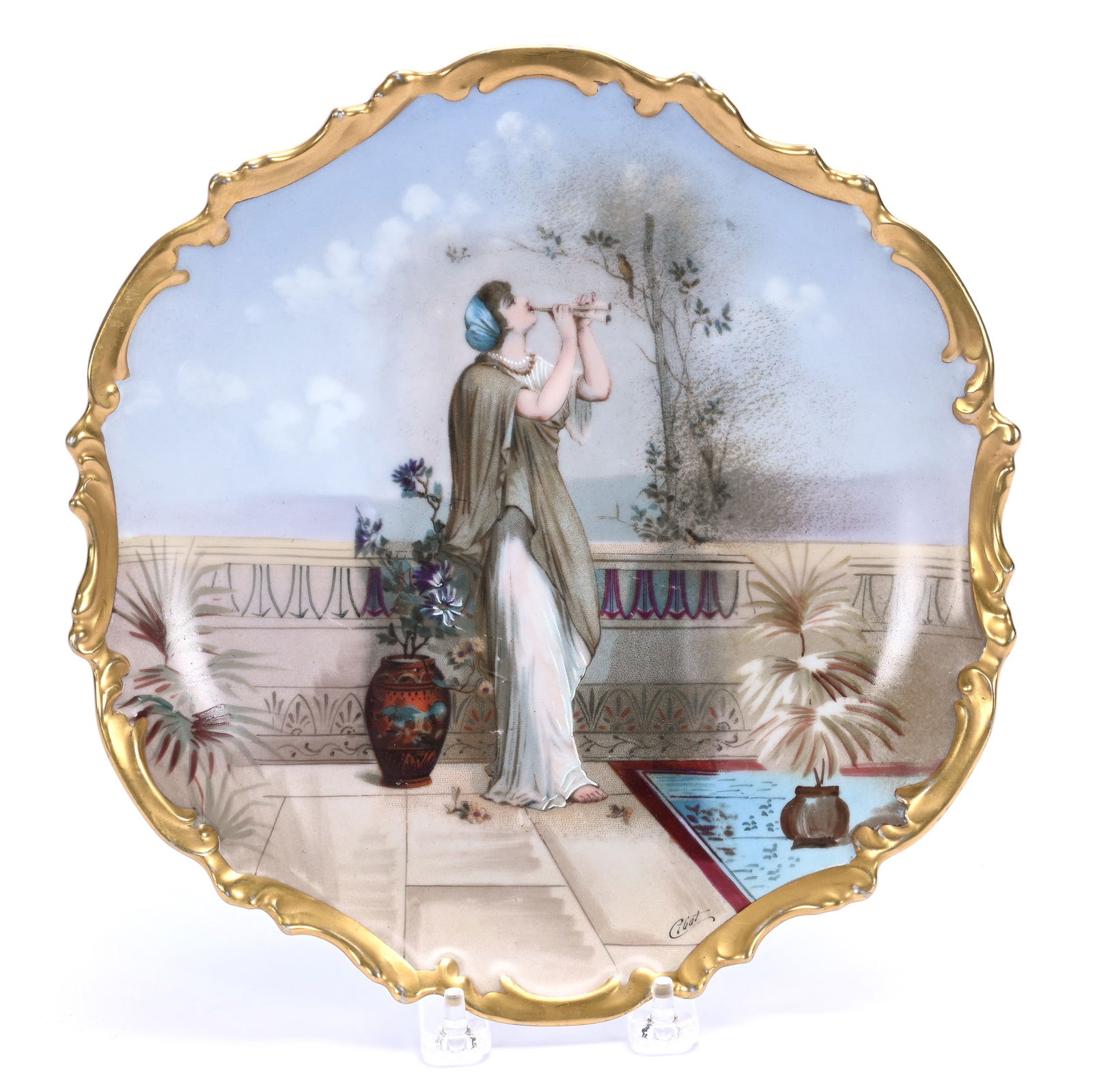 Plaque, Marked LRL Limoges: Plaque, Marked LRL Limoges, 10.25 x 10 x 1.5 Inches, Scene Of Woman Playing Flute, Artist Signed, Heavy Gold Trim, 1.5 Pounds, Colorado Private Collection.