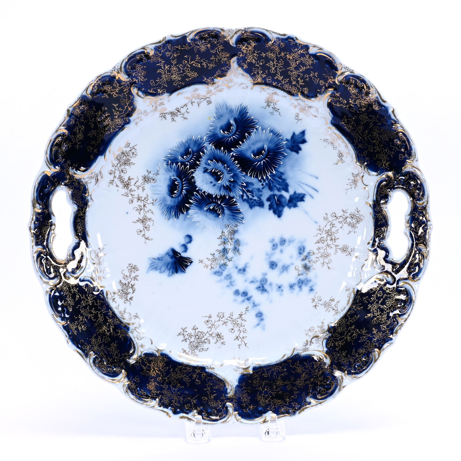Two Handled Cake Plate, Unmarked R.S. Prussia: Two Handled Cake Plate, Unmarked R.S. Prussia, 12 x 12 x 1.5 Inches, Cobalt Blue And White With Floral Decor And Extensive Gold Stencil Highlights, 1.5 Pounds, Colorado Private Collection.