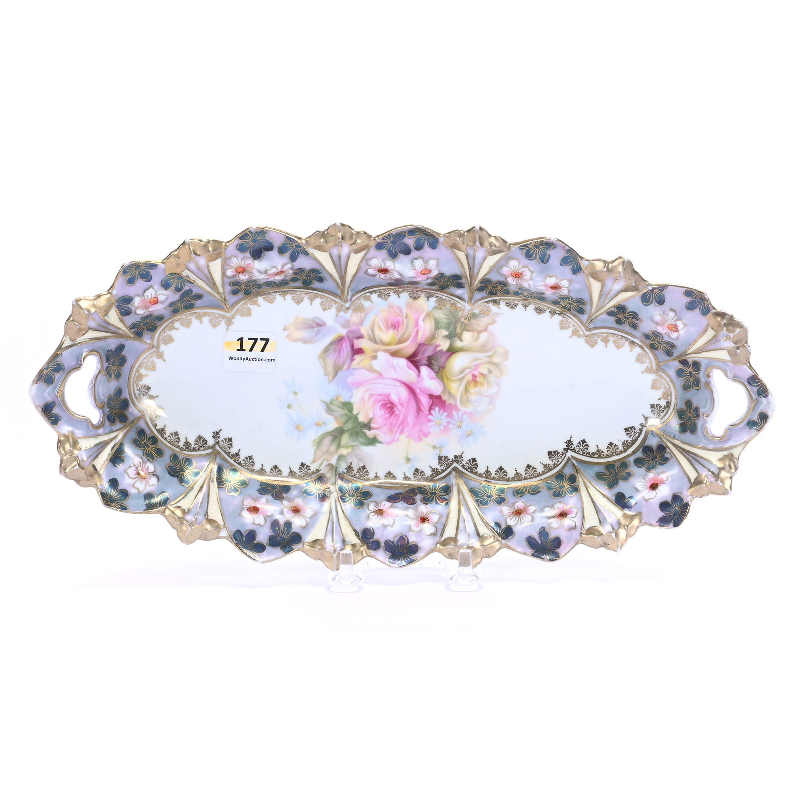 Celery Tray, Unmarked R.S. Prussia, Sawtooth Mold: Celery Tray, Unmarked R.S. Prussia, Sawtooth Mold, 12.5 x 6 x 1.75 Inches, White Center With Lavender And Tiffany Satin Finished Border, Pink And Yellow Rose Decor, 0.7 Pounds, Colorado Private