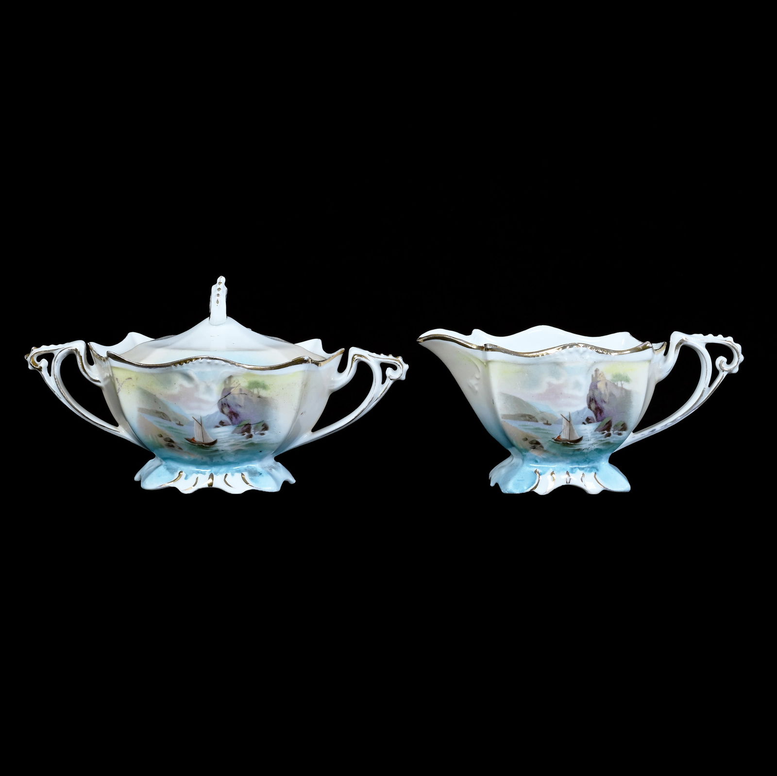 Creamer And Sugar, Marked R.S. Prussia: Creamer And Sugar, Marked R.S. Prussia, 3.5 x 6.5 x 4 Inches, Cream, Blue, Yellow, And White Tones With Old Man In The Mountain Scenic Decor, 0.7 Pounds, Colorado Private Collection.