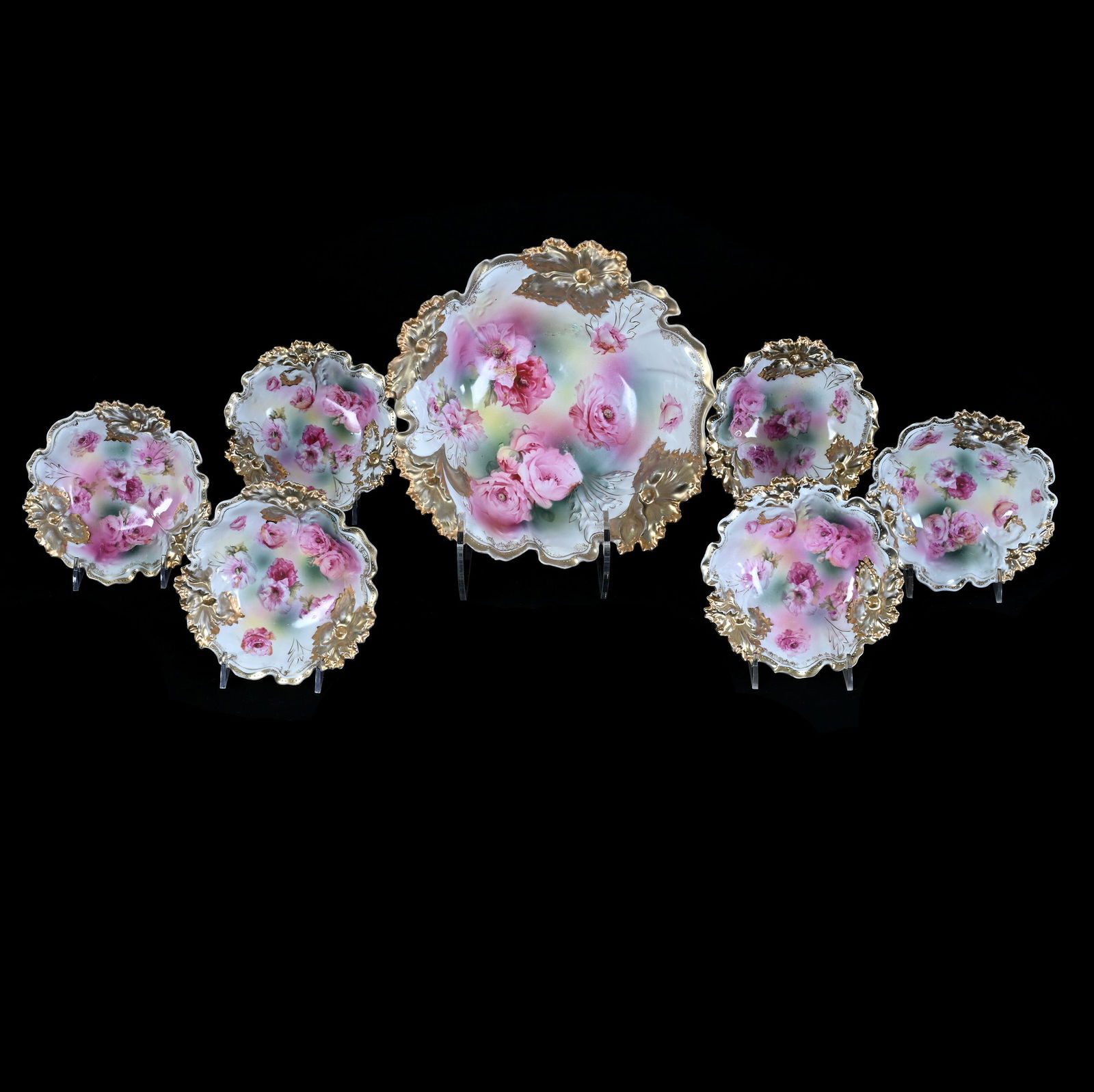 Berry Set, Marked R.S. Prussia, Carnation Mold: Berry Set, Marked R.S. Prussia, Carnation Mold Green Yellow, Pink, And White With Pink Poppy Decor, Two Toned Gold Border, (1) 10" Diameter Master Bowl And (6) 5.75" Berry Bowls, 2.7 Pounds, Colorado