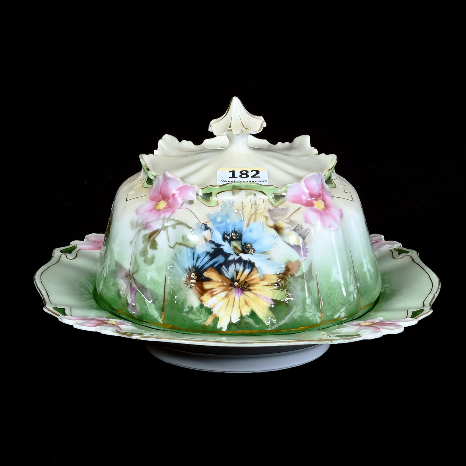 Butter Dish, Unmarked R.S. Prussia, Floral Mold: Butter Dish, Unmarked R.S. Prussia, Floral Mold, 4.75 x 7.25 x 7.25 Inches, Original Insert, Cream And Green Tones With Wild Floral Decor, 1.1 Pounds, Colorado Private Collection.