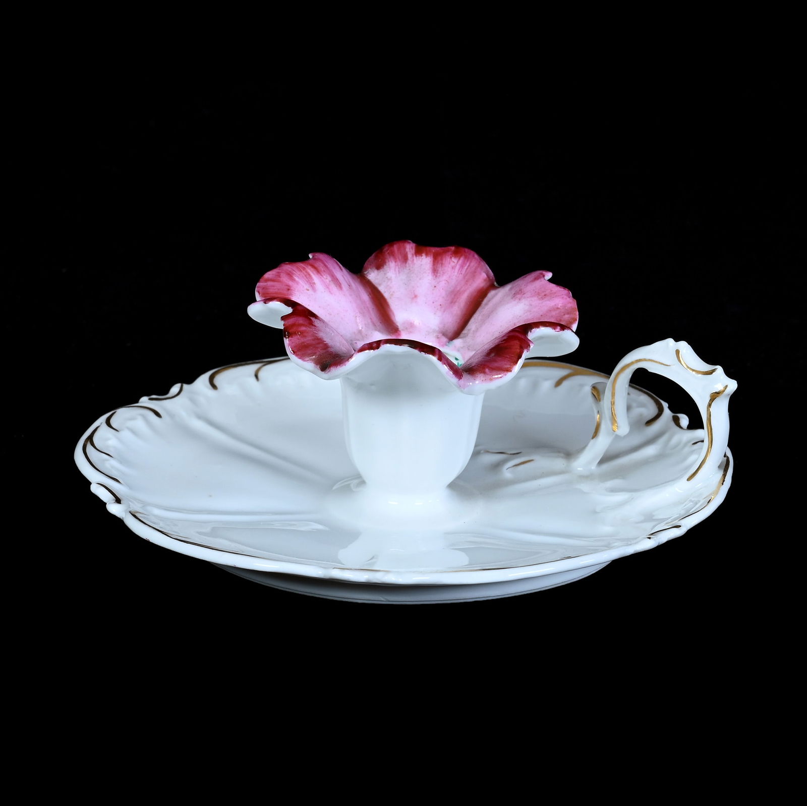 Chamberstick, Unmarked R.S. Prussia: Chamberstick, Unmarked R.S. Prussia, 2.25 x 5.25 x 5.25 Inches, White With Pink Blossom Mold, Gold Trim Highlights, 0.3 Pounds, Grady And Annette Hite Collection.