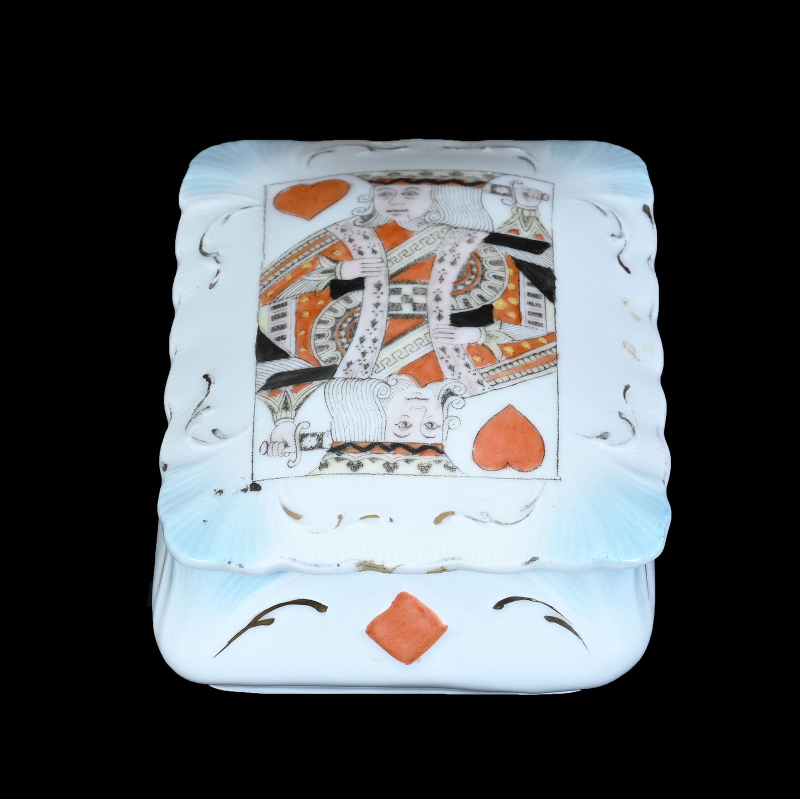 Playing Card Box, Unmarked R.S. Prussia: Playing Card Box, Unmarked R.S. Prussia, 2.25 x 4.5 x 3.5 Inches, Blue And White With King Of Hearts Decorated Lid, Embossed And Colored Four Suits Around Border, 0.6 Pounds, Grady And Annette Hite