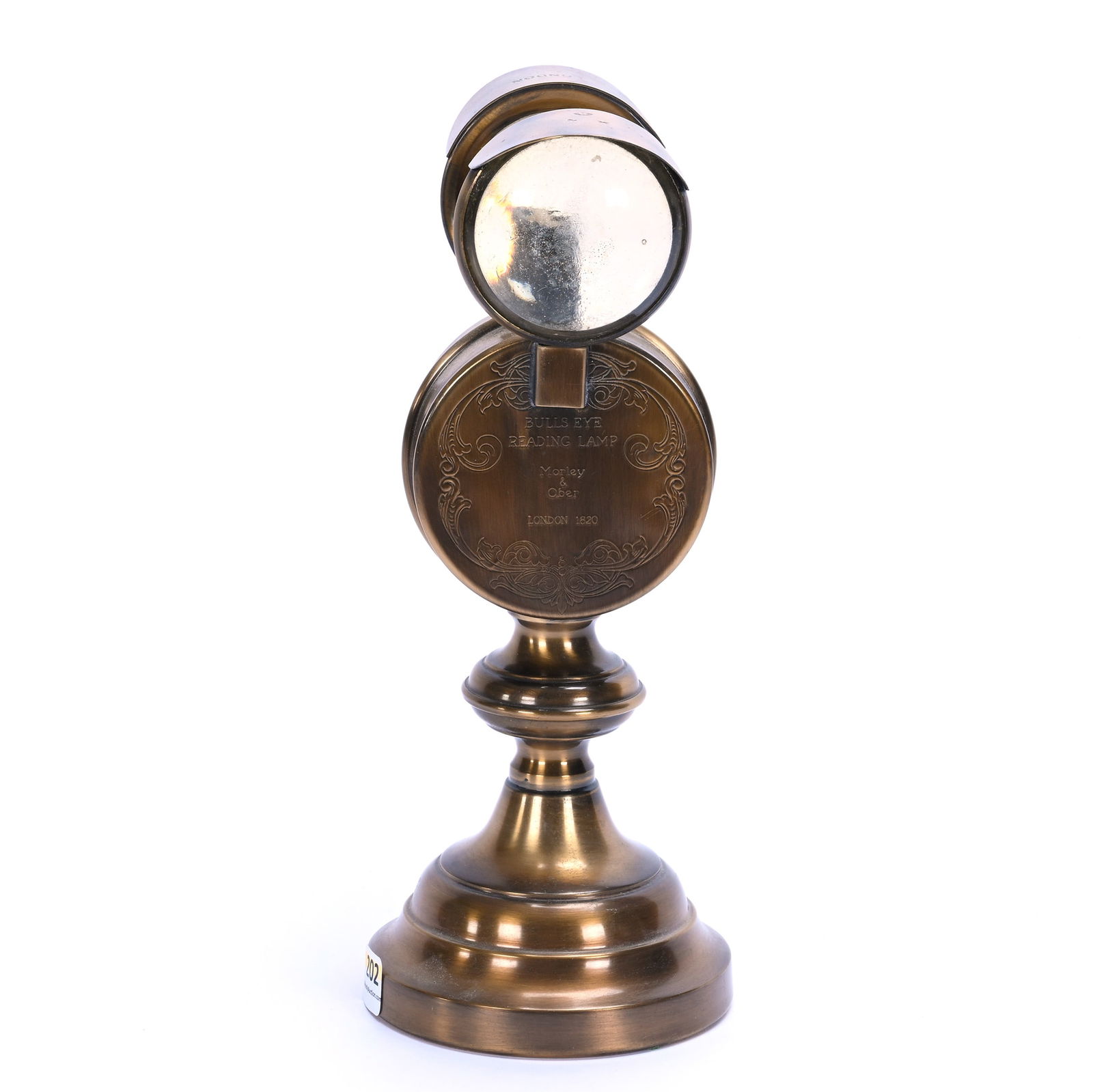 Reproduction Bullseye Reading Lamp, Marked Heirloom Brass: Reproduction Bullseye Reading Lamp, Marked Heirloom Brass, 10.5 x 4.25 x 5 Inches, Oil Font With Two Clear Bullseye Reflectors, Marked Morley & Over, London 1820, 1.9 Pounds, Grady And Annette Hite