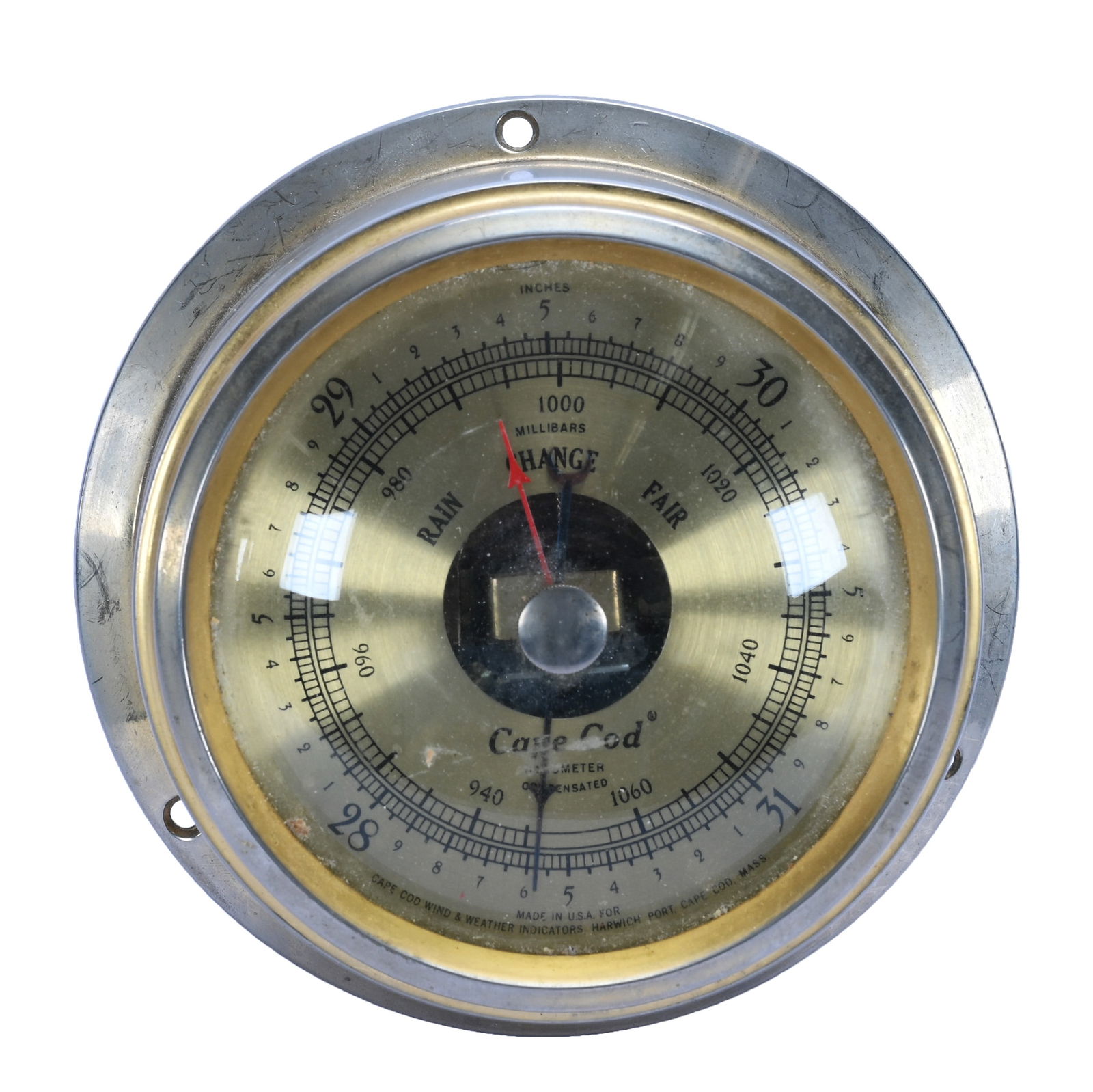 Barometer, Marked Cape Cod, USA: Barometer, Marked Cape Cod, USA, 5 x 5 x 2.5 Inches, Chrome Case, Product Of Cape Cod Wind And Weather, 1.5 Pounds, Grady And Annette Hite Collection.