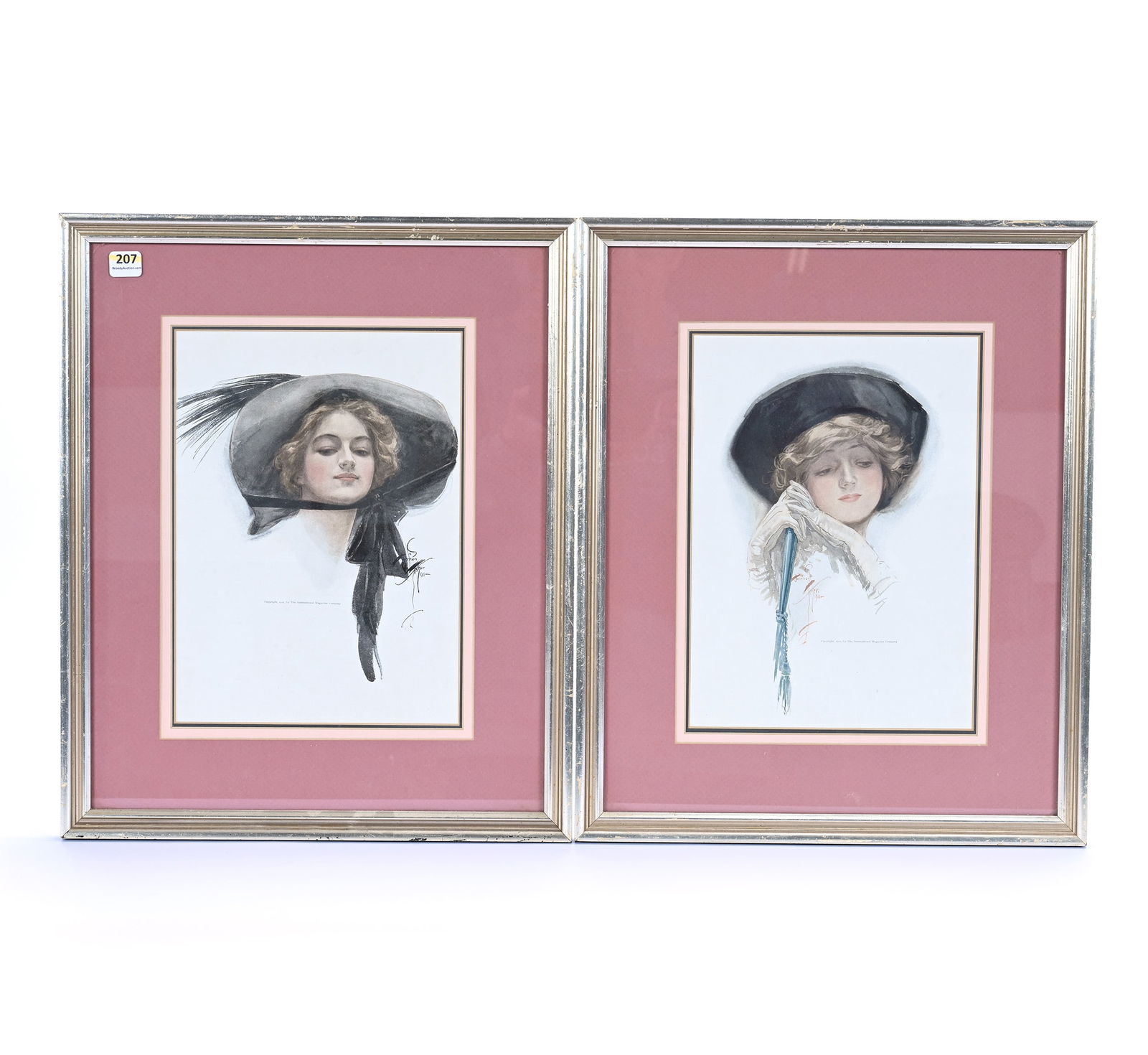(2) Framed Portraits By Harrison Fisher Dated 1911: (2) Framed Portraits By Harrison Fisher Dated 1911, 17 x 14 x 1.25 Inches, Fisher Girls, Copyright By The International Magazine Company, Professional Frame And Matting, (1) Known As "The Parasol",