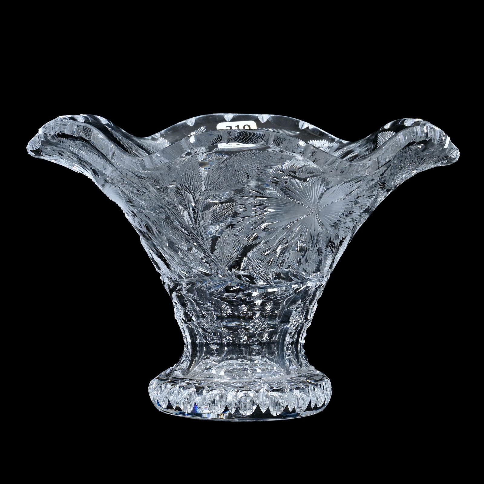 Sweet Pea Vase, American Brilliant Cut Glass, Bubble Flower Pattern Designed By WC Anderson: Sweet Pea Vase, American Brilliant Cut Glass, Bubble Flower Pattern Designed By WC Anderson, 6.25 x 9 x 9 Inches, Hobstar Base, Nice Example, 3.9 Pounds, Grady And Annette Hite Collection.