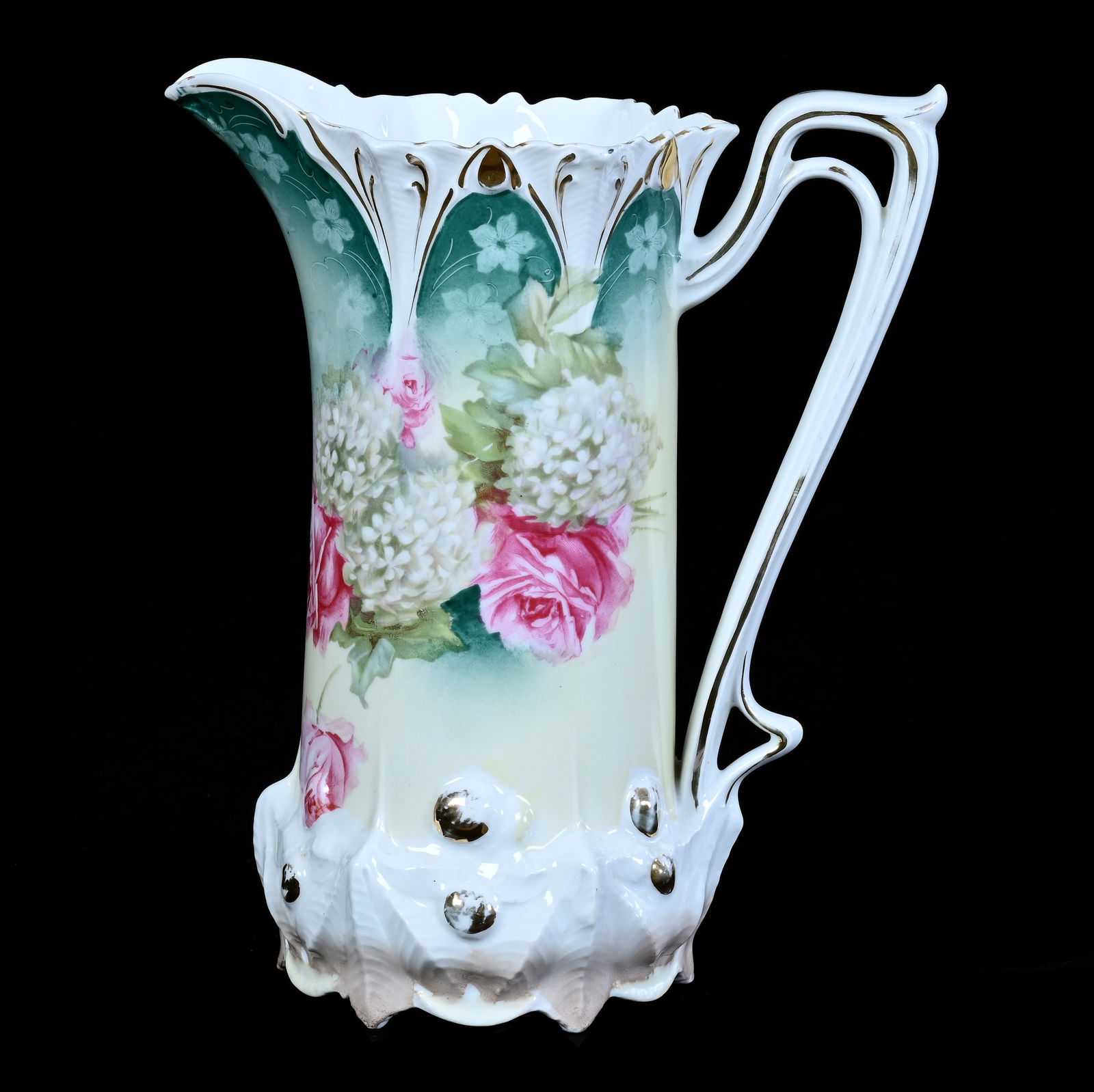 Tankard, Marked R.S. Prussia, Acorn Mold: Tankard, Marked R.S. Prussia, Acorn Mold, 10.5 x 8.5 x 5 Inches, Green, Yellow, And White Tones With Snowball And Rose Decor, 2 Pounds, Grady And Annette Hite Collection.