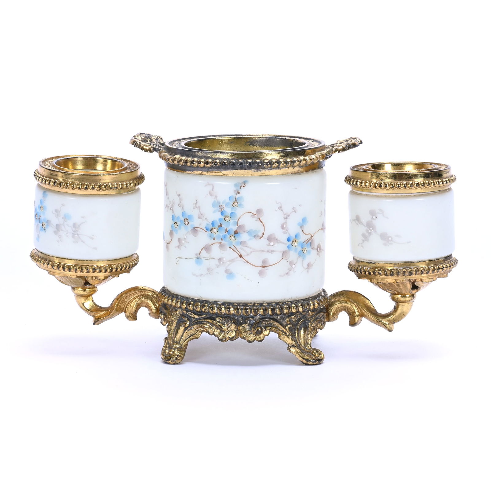Smoke Set, Wave Crest Banner Mark: Smoke Set, Wave Crest Banner Mark, 4 x 7.5 x 3.25 Inches, White With Blue Floral Decor, Gilt Metal Fittings, 1.8 Pounds, Grady And Annette Hite Collection.
