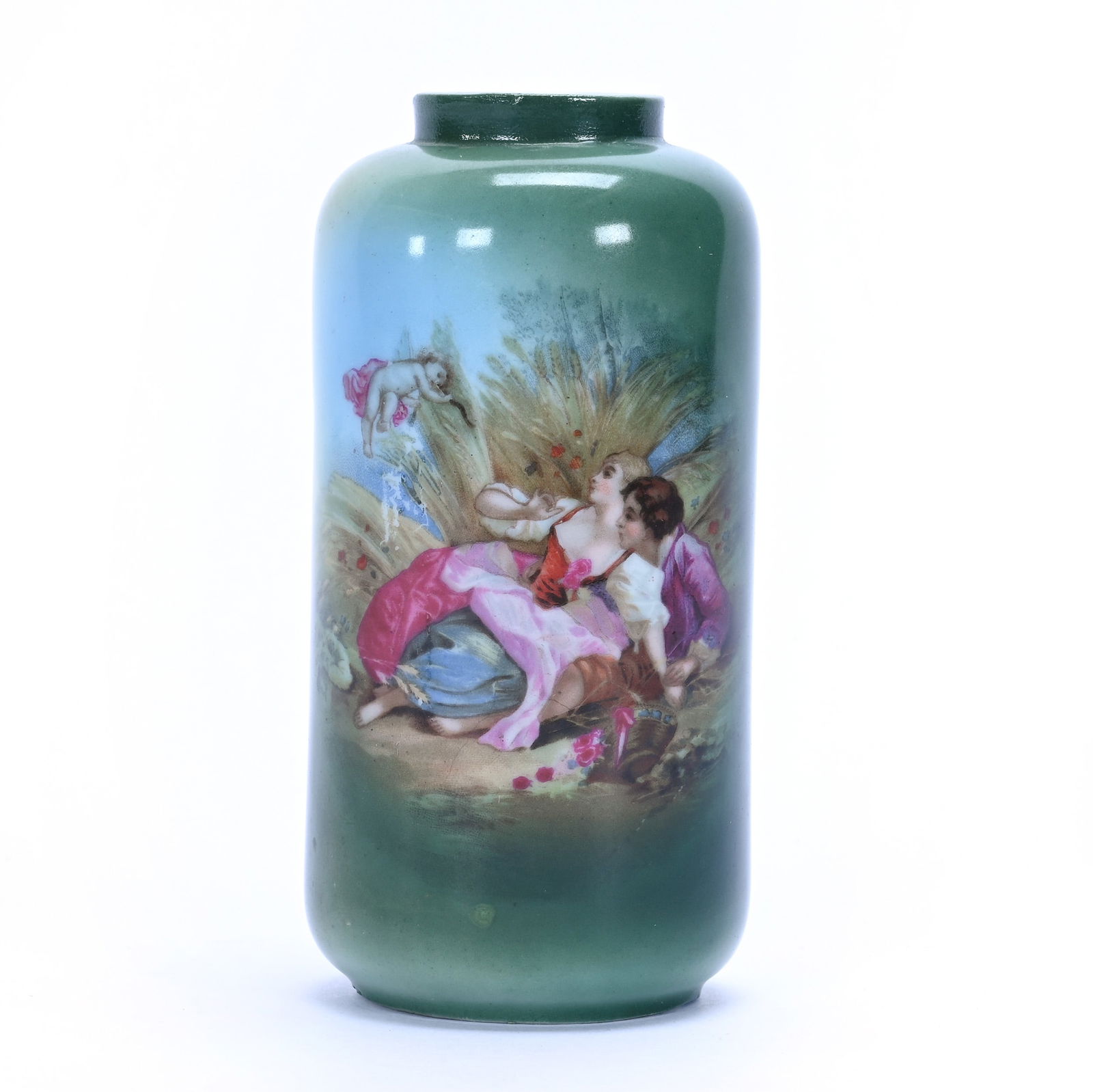 Vase, Unmarked Germany: Vase, Unmarked Germany, 4.5 x 2.25 x 2.25 Inches, Green And Yellow Tones With Classic Courting Scene Decor, 0.3 Pounds, Grady And Annette Hite Collection.