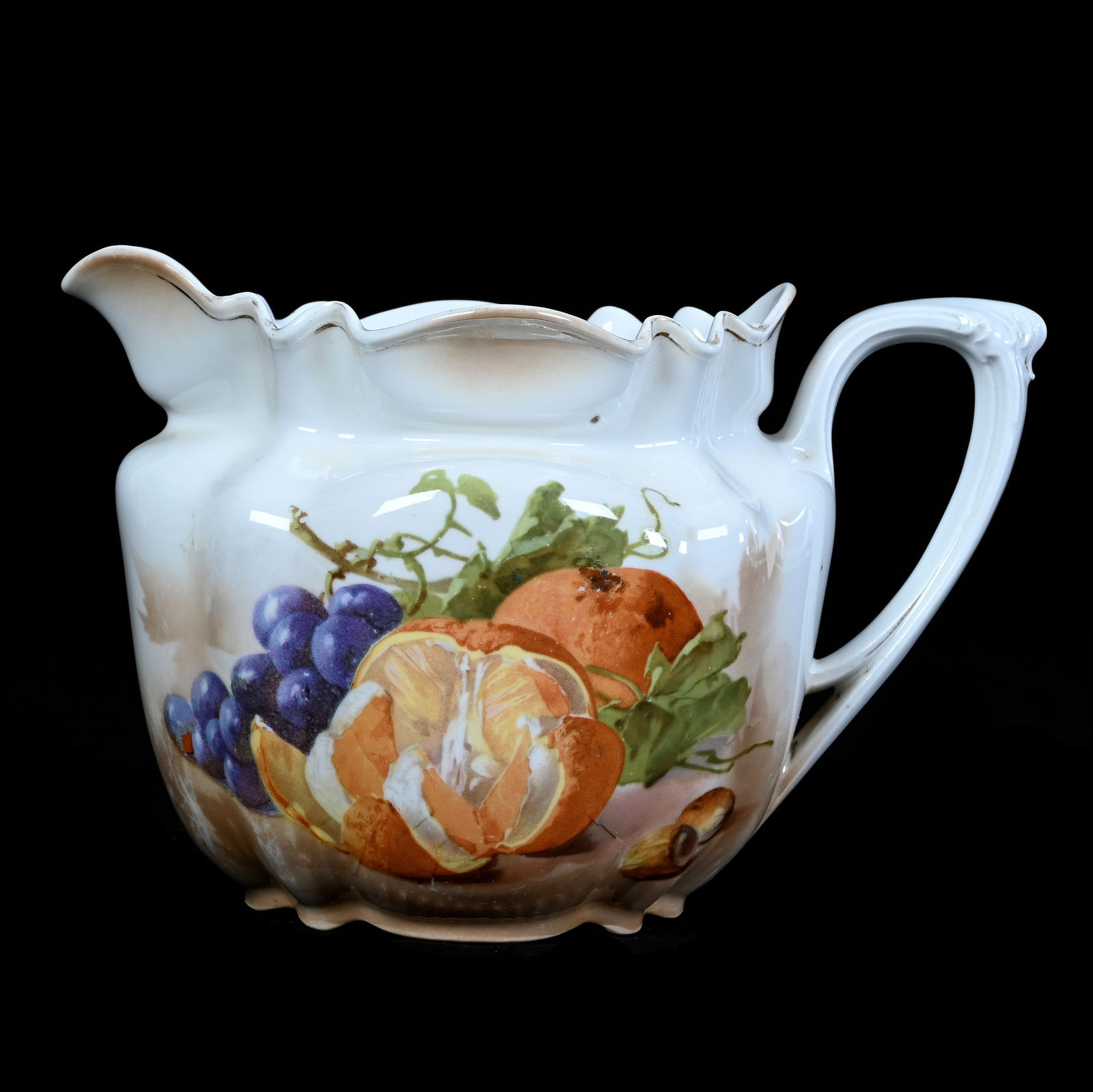 Cider Pitcher, Unmarked R.S. Prussia: Cider Pitcher, Unmarked R.S. Prussia, 6.5 x 9.75 x 6.25 Inches, Brown And White Luster Finish With Fruit Decor, 1.6 Pounds, Grady And Annette Hite Collection.