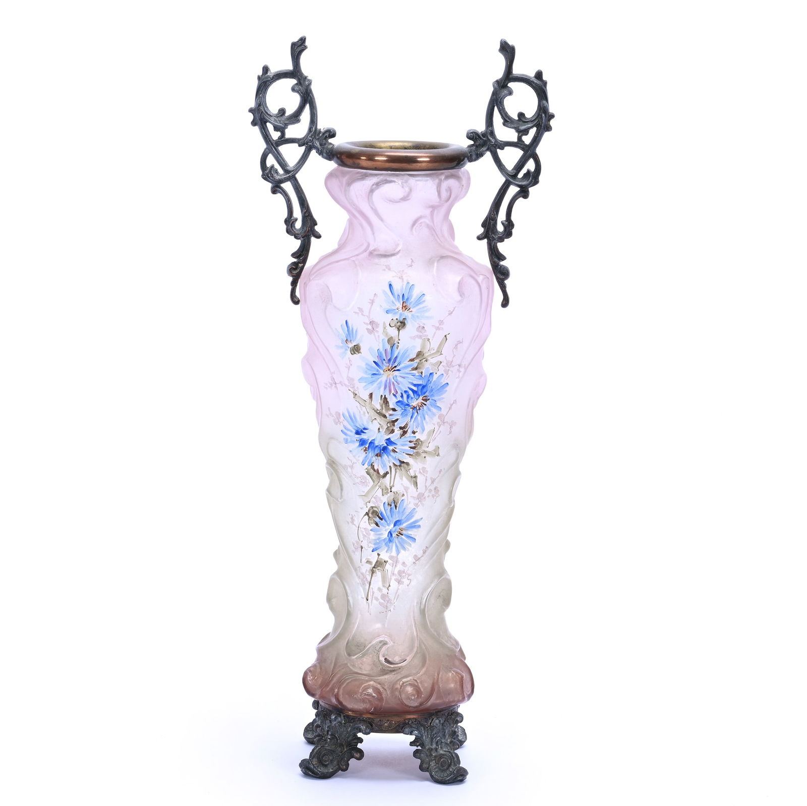 Two Handled Vase, Unmarked Wave Crest Crystal Art Glass: Two Handled Vase, Unmarked Wave Crest Crystal Art Glass, 14.5 x 6 x 3.5 Inches, Pink Shading To Green Shading To Brown, Wave Mold, Enamel Blue Floral Decor, Nice Quality, 1.6 Pounds, Grady And