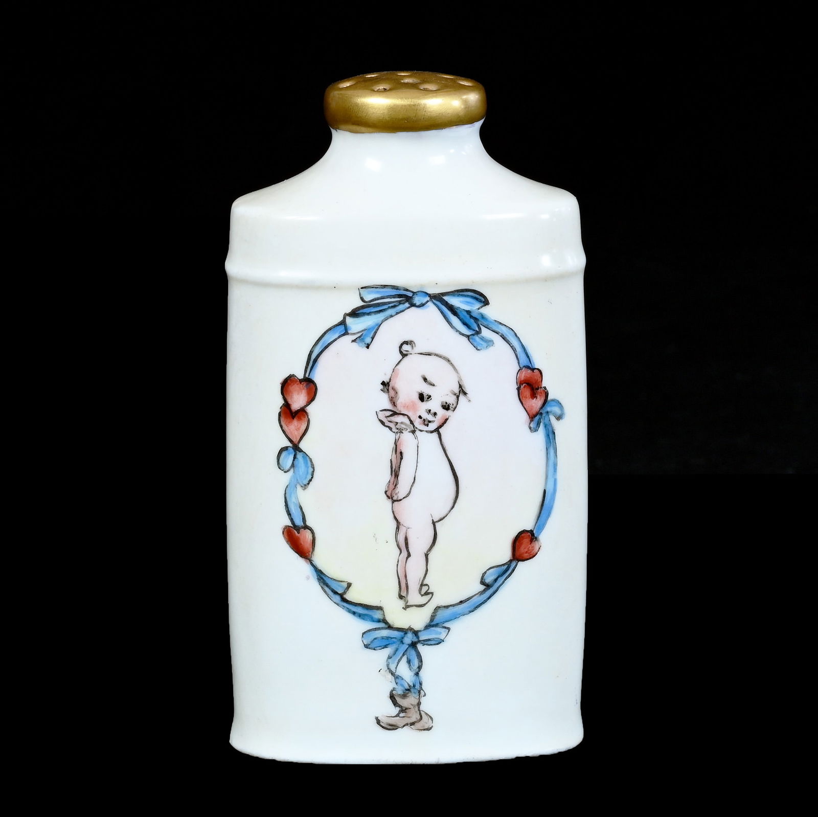 Talc Bottle, Marked R.S. Germany: Talc Bottle, Marked R.S. Germany, 5 x 2.75 x 1.5 Inches, Yellow With Hand Painted Kewpie Decor, 0.3 Pounds, Grady And Annette Hite Collection.