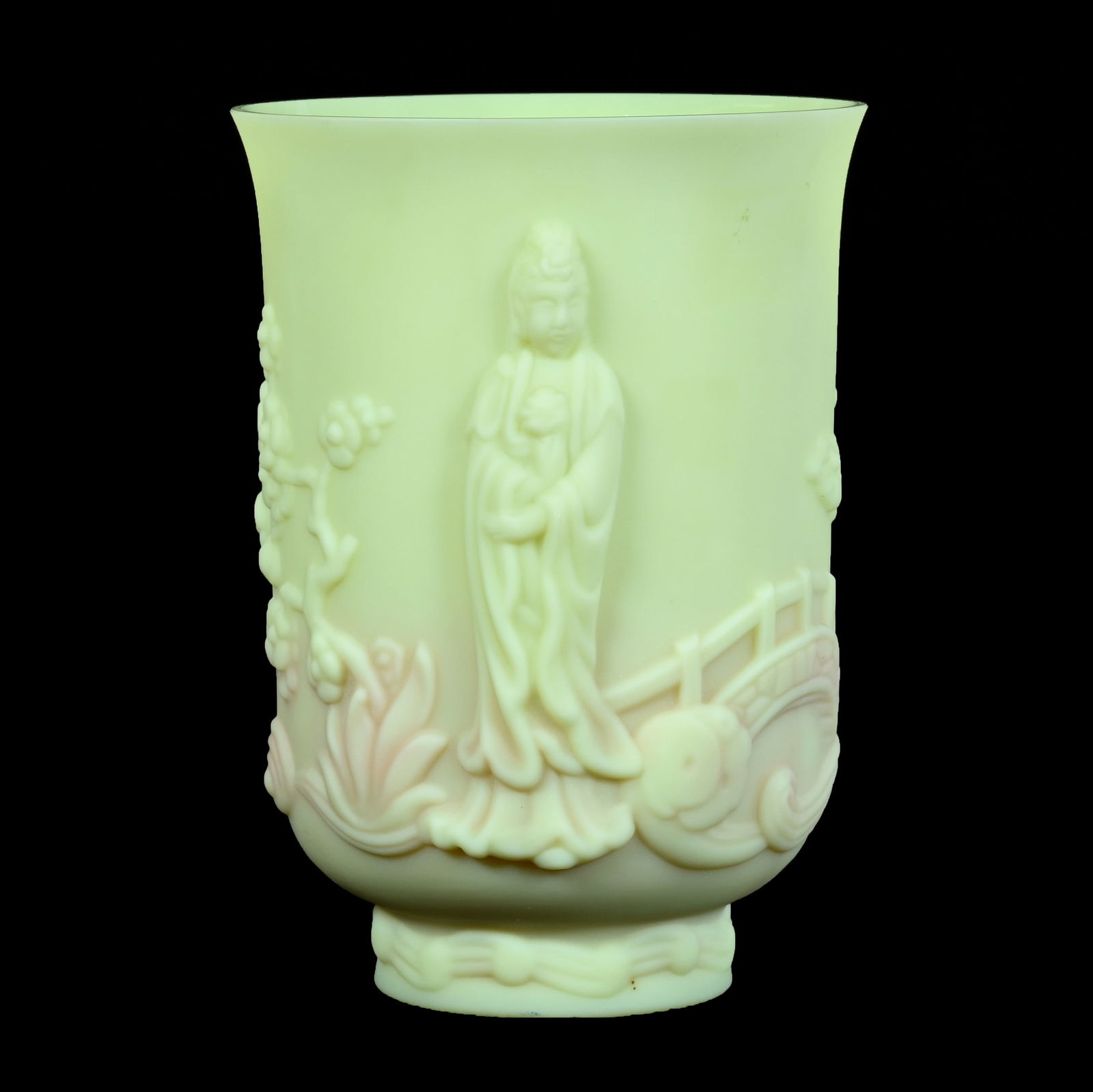 Vase, Contemporary Fenton Burmese Art Glass: Vase, Contemporary Fenton Burmese Art Glass, 7.5 x 5.5 x 5.5 Inches, Embossed Image Featuring Goddess Of Mercy, Highly Reactive Under Blacklight, 2.6 Pounds, Grady And Annette Hite Collection.