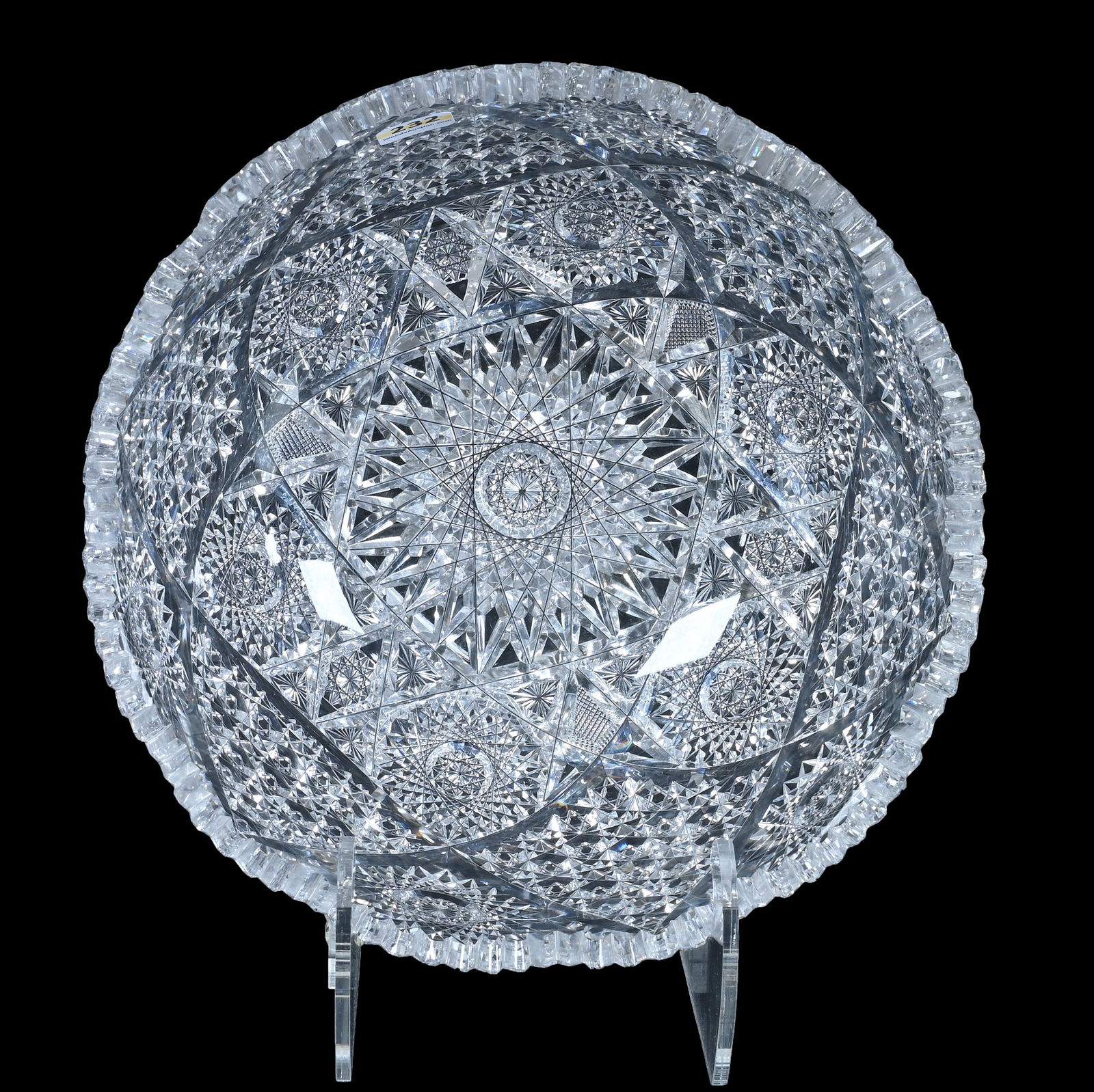 Bowl, American Brilliant Cut Glass: Bowl, American Brilliant Cut Glass, 10 x 10 x 5 Inches, Hobstar, Crosscutting, Star, And A Field Of Six Pointed Hobstar Buttons, Three Tooth Chips And One Hard To See Outside Rim Chip, 7.5 Pounds,
