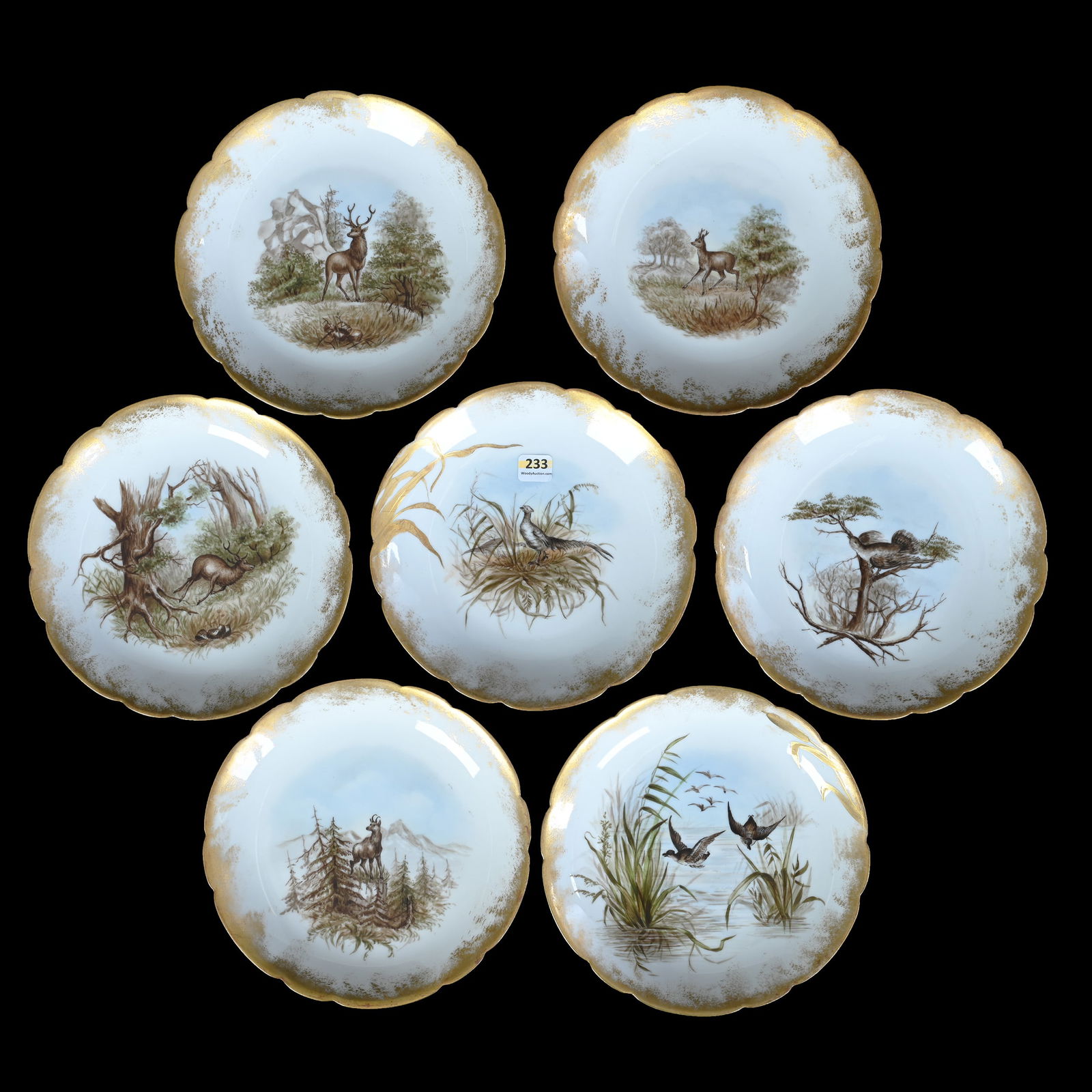 (7) Plates, Marked H&C (Haviland & Co): (7) Plates, Marked H&C (Haviland & Co), 8.5 x 8.5 x 1.25 Inches, Hand Painted Animal Decor With Gold Trim, Various Stag, Duck, And Bird Scenic Decor, Circa 1875 To 1882, 4.9 Pounds, Grady And Annette