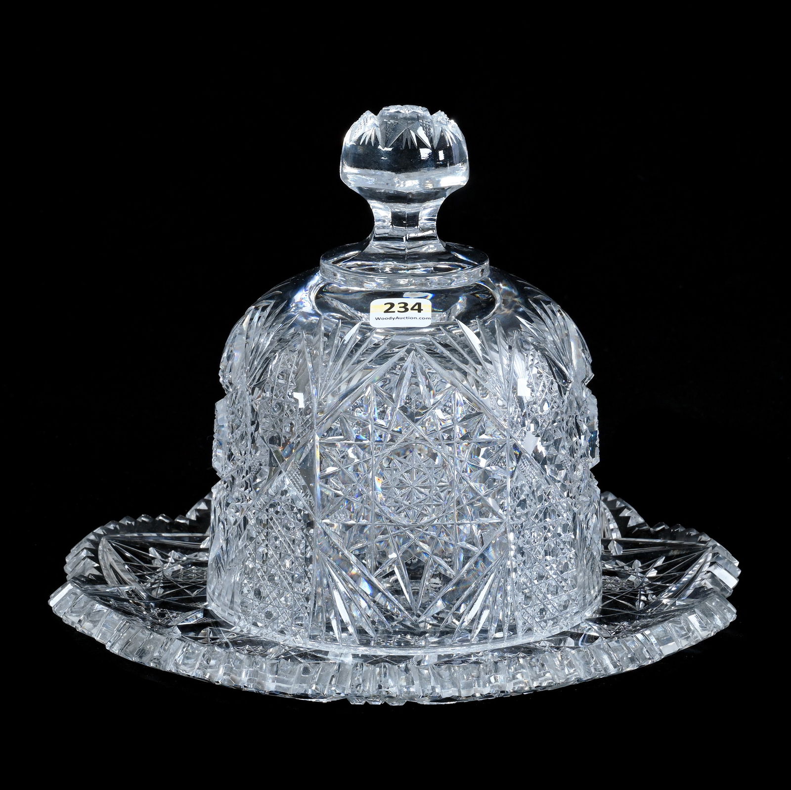 Covered Cheese Dome And Underplate, American Brilliant Cut Glass: Covered Cheese Dome And Underplate, American Brilliant Cut Glass, 8.25 x 10.5 x 10.5 Inches, Hobstar, Cane, And Fan Motif, Underplate Is An Exact Pattern Match But Slightly Oversized For The Cover,