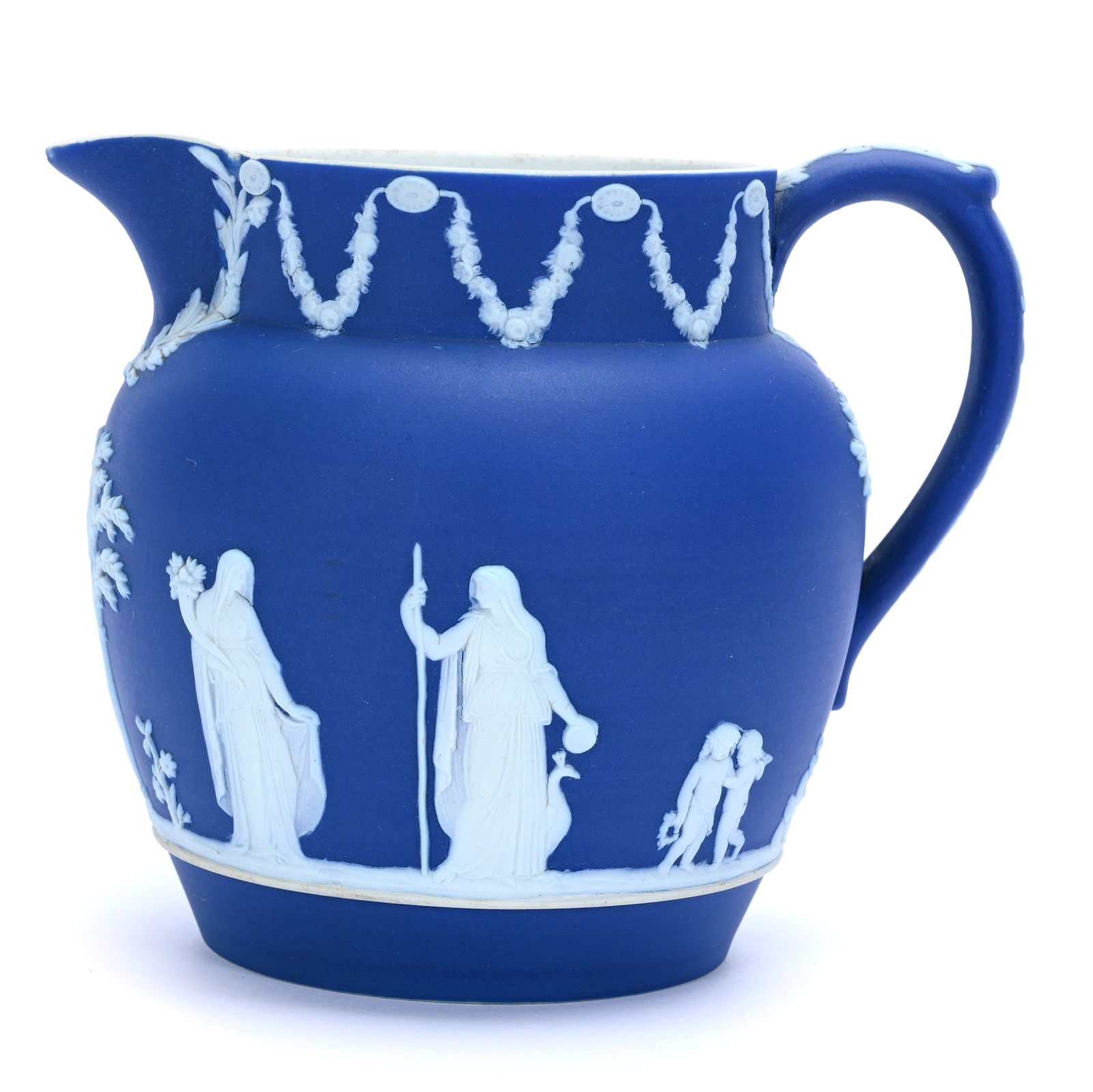 Pitcher, Marked Wedgwood England: Pitcher, Marked Wedgwood England, 4.75 x 5.75 x 4.5 Inches, Classic Blue And White, 1.1 Pounds, Grady And Annette Hite Collection.
