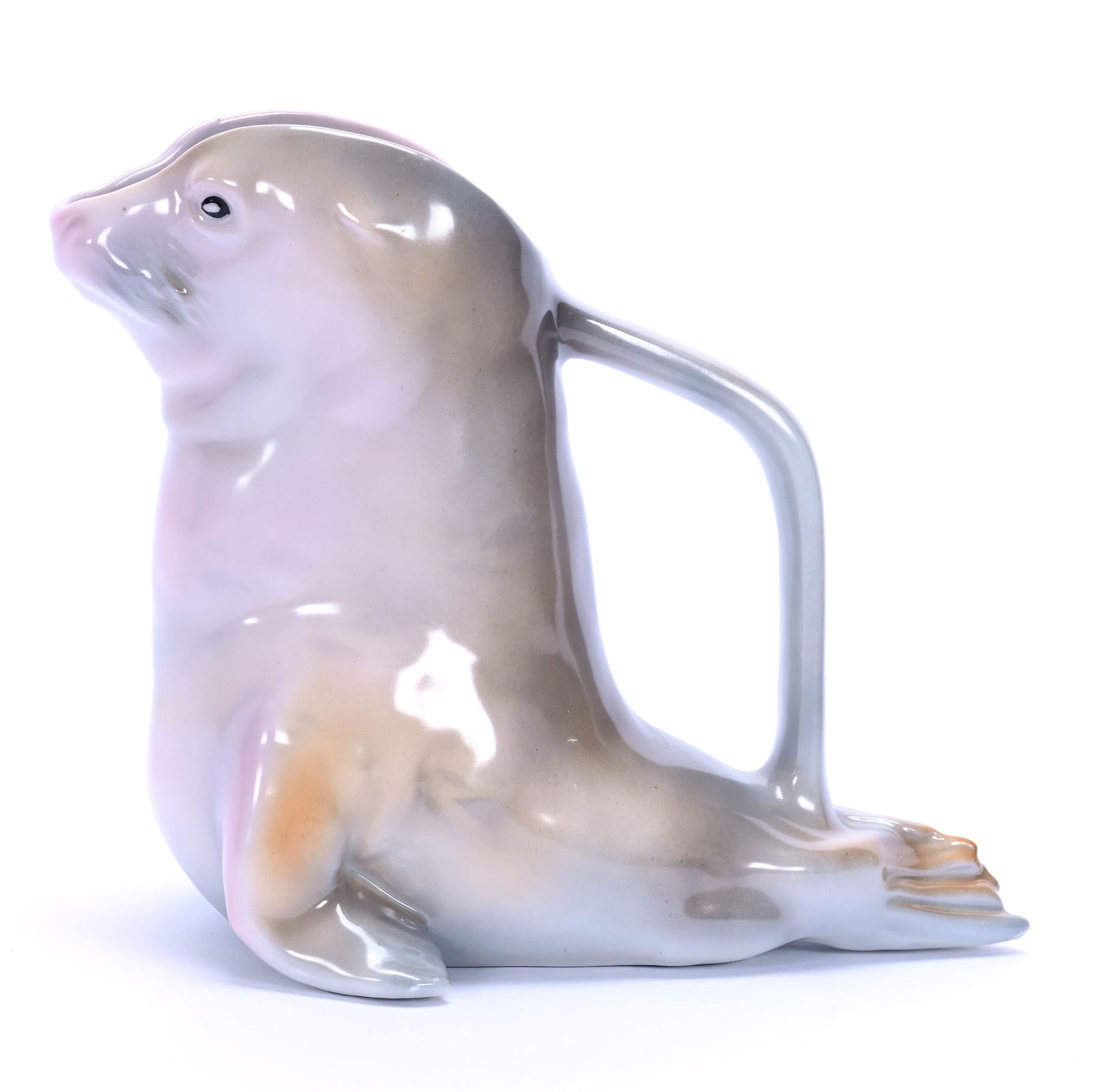 Water Pitcher, Royal Bayreuth Blue Mark: Water Pitcher, Royal Bayreuth Blue Mark, 6.75 x 8.5 x 5 Inches, Figural Seal, Nice Example, 1.3 Pounds, Grady And Annette Hite Collection.