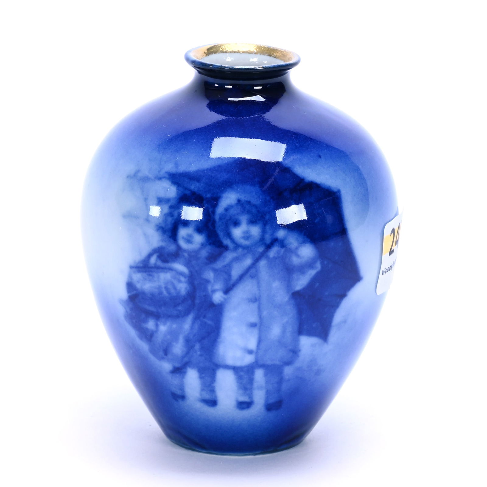 Vase, Unmarked Royal Bayreuth, "Babes In Woods": Vase, Unmarked Royal Bayreuth, "Babes In Woods", 3.75 x 3 x 3 Inches, Classic Blue And White, Scene Of Two Children Under Umbrella, 0.3 Pounds, Grady And Annette Hite Collection.