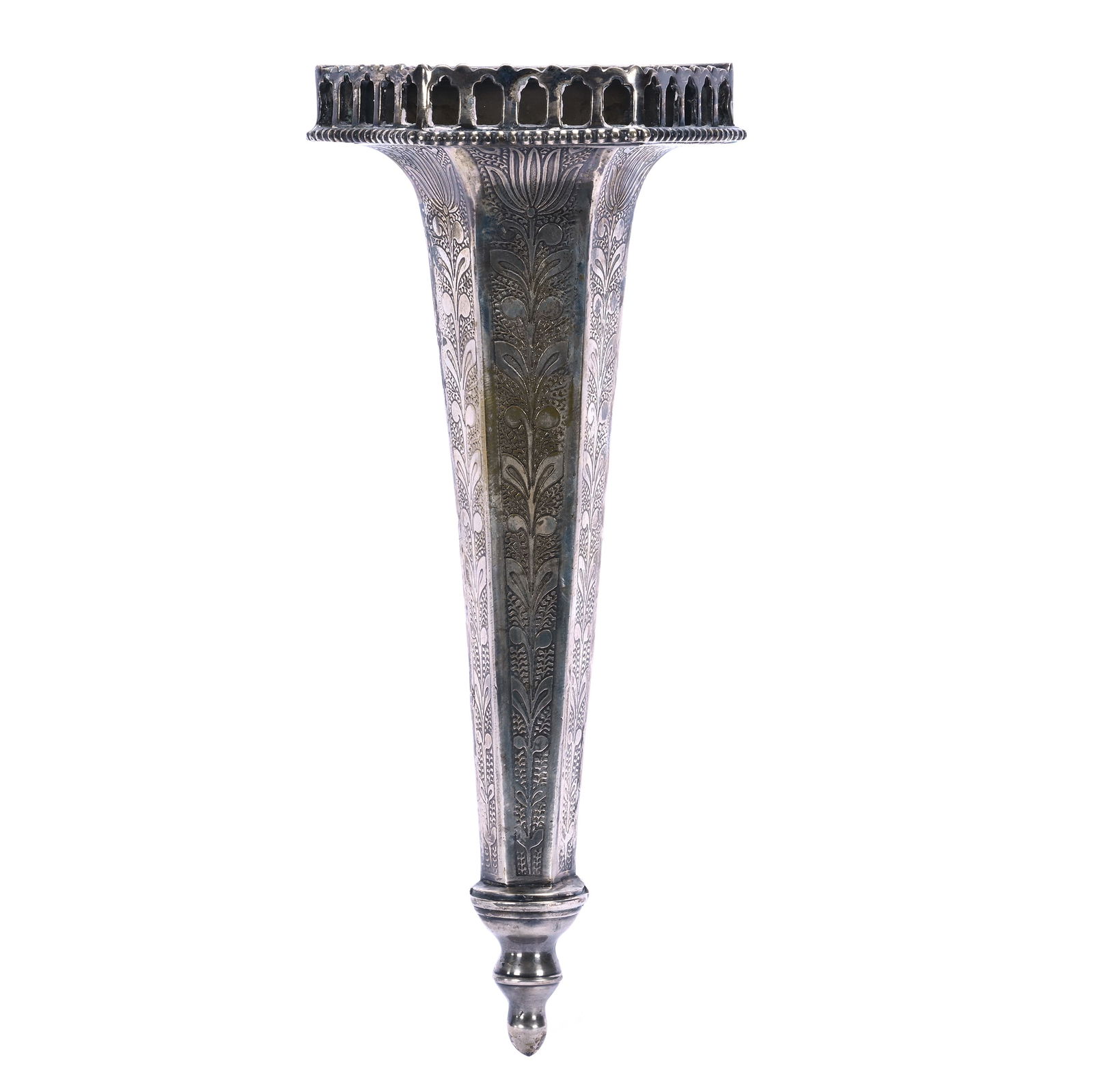 Wall Pocket, Unmarked Silverplate Art Deco Design: Wall Pocket, Unmarked Silverplate Art Deco Design, 13 x 5.75 x 2.75 Inches, No Visible Makers Marks, Some Plating Wear, 1 Pound, Grady And Annette Hite Collection.