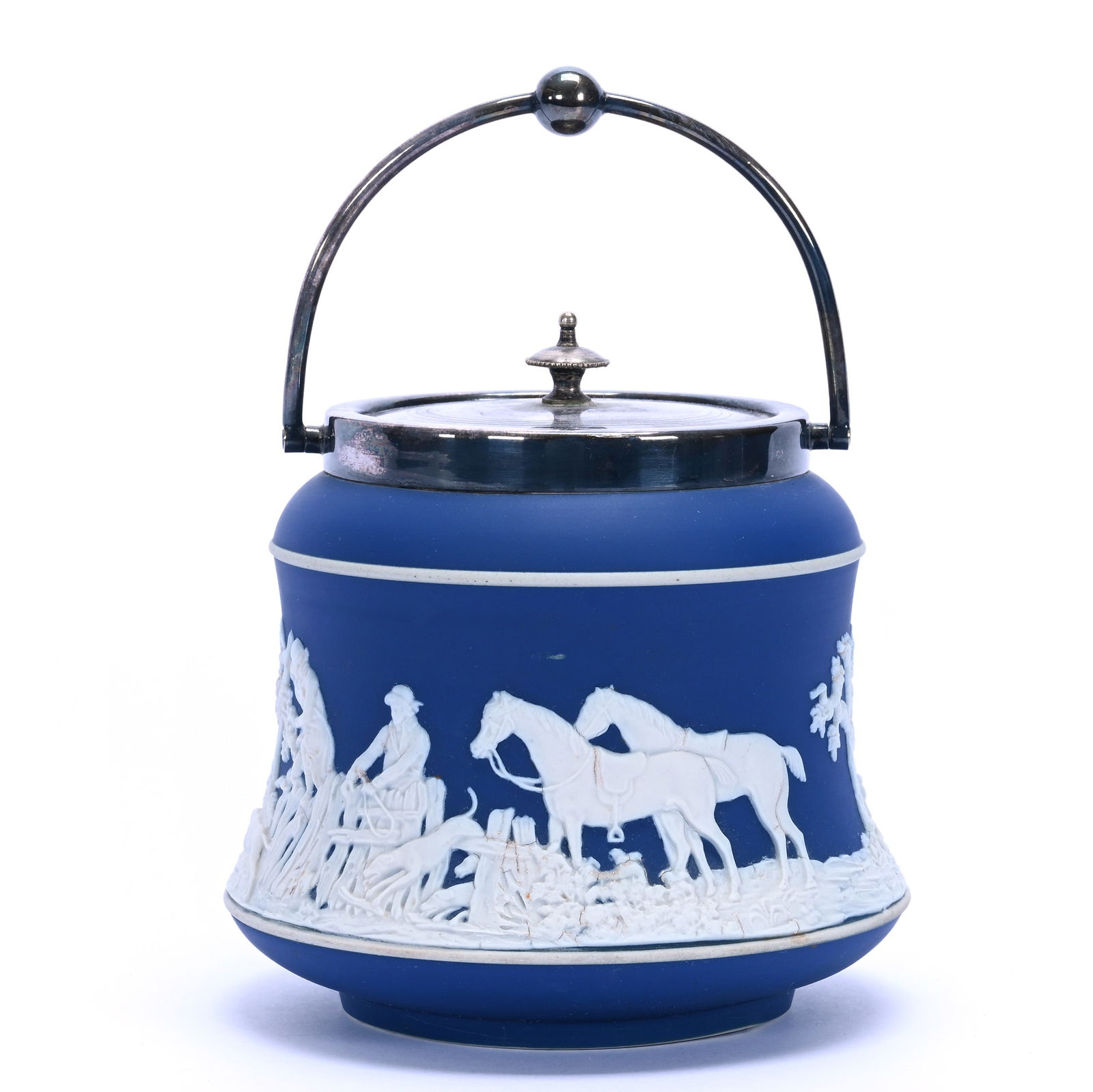 Biscuit Jar, Marked Adams: Biscuit Jar, Marked Adams, 6.25 x 6.25 x 6.25 Inches, Blue And White Jasperware, Classic Hunt Scenic Decor, Silverplate Lid And Bail, 2.1 Pounds, Grady And Annette Hite Collection.