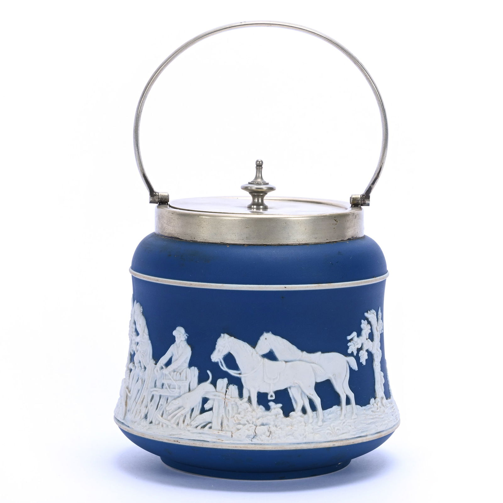 Biscuit Jar, Marked Adams: Biscuit Jar, Marked Adams, 6.25 x 6 x 6 Inches, Blue And White Jasperware, Classic Hung Scenic Decor, Silverplate Lid And Bail, 2.1 Pounds, Grady And Annette Hite Collection.