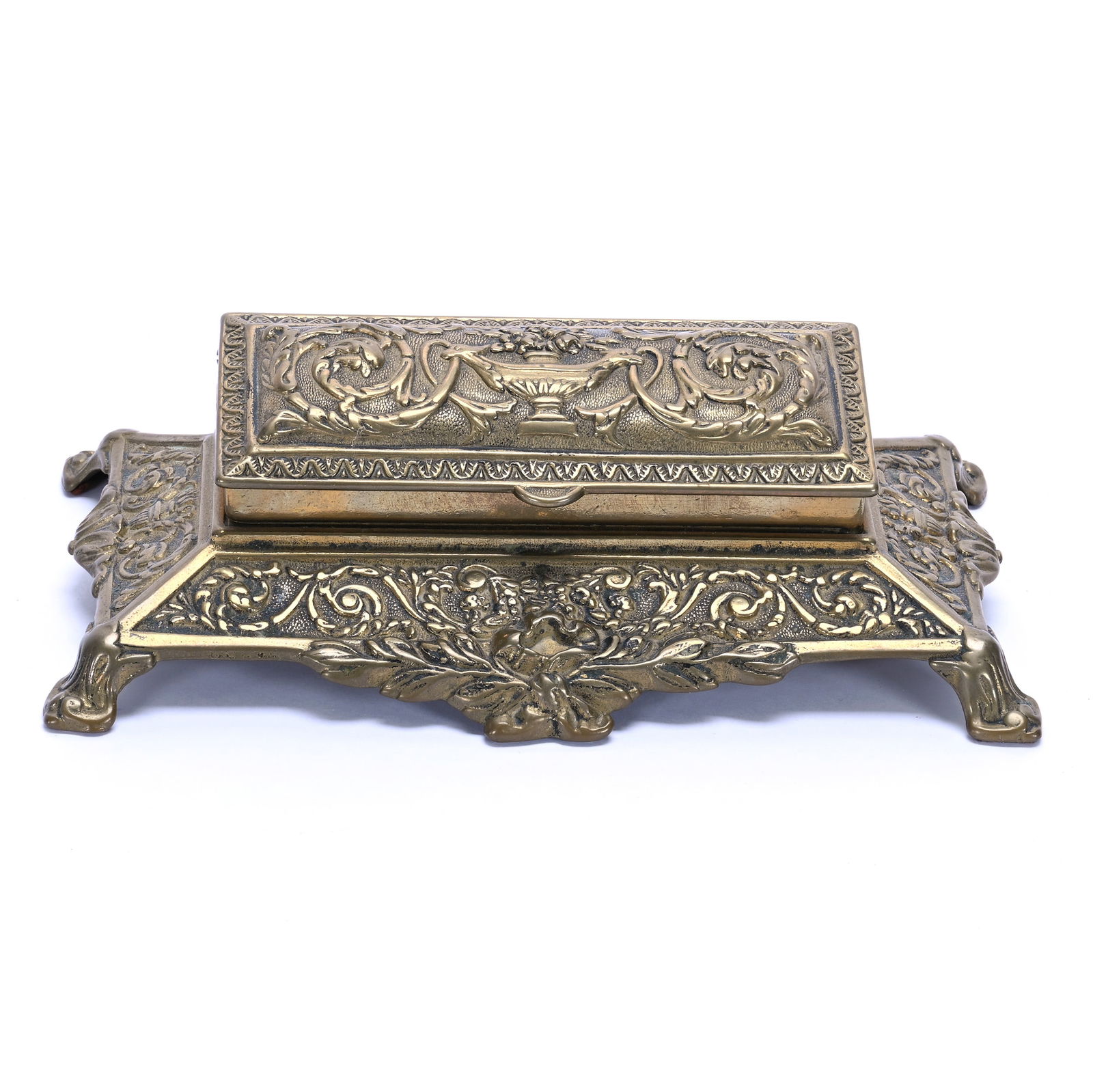 Solid Brass Stamp Box: Solid Brass Stamp Box, 2.5 x 8.75 x 5.5 Inches, Elaborate Urn And Scroll Design, 2.1 Pounds, Grady And Annette Hite Collection.