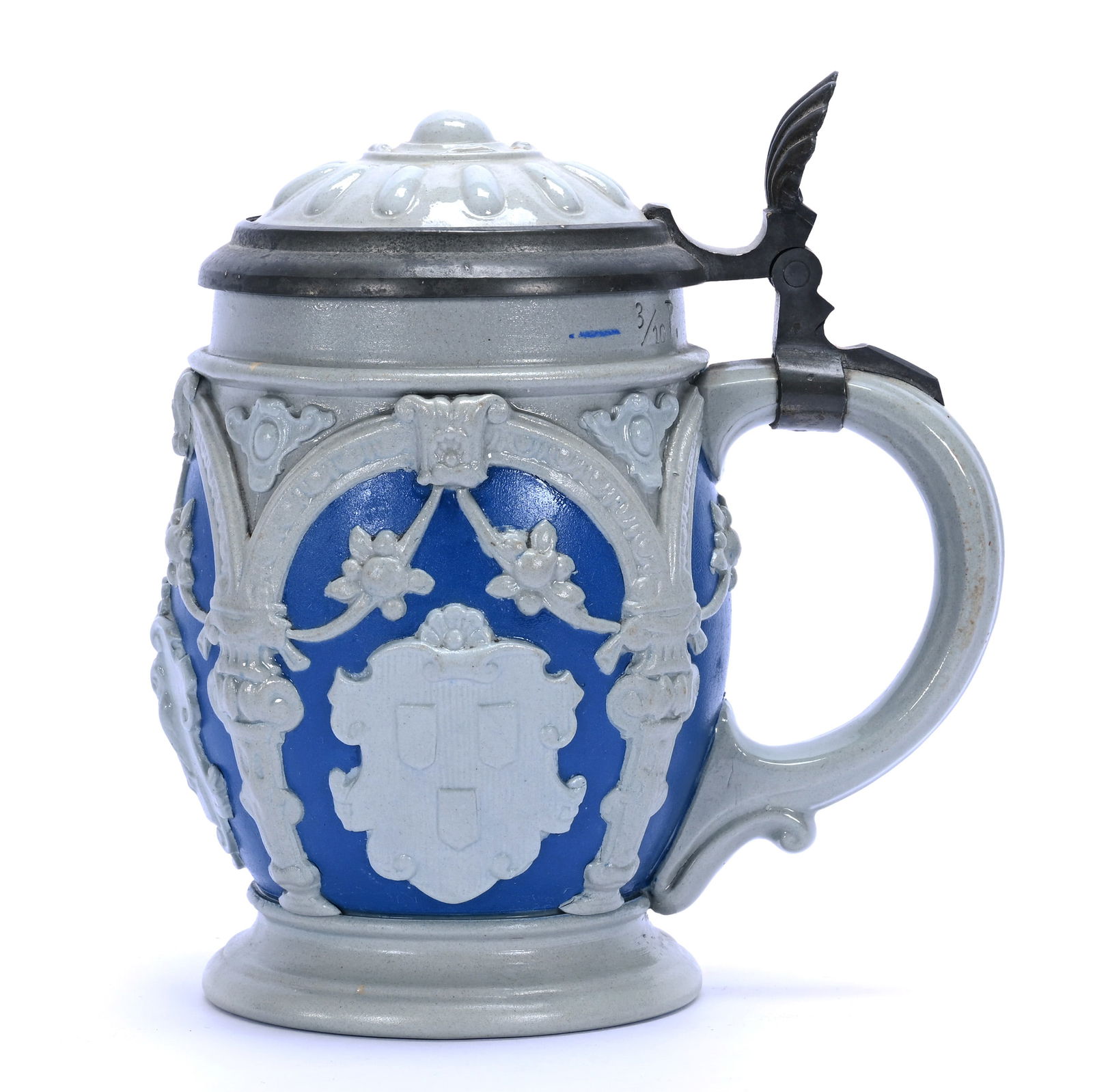 Stein, Marked Villeroy & Boch #2077: Stein, Marked Villeroy & Boch #2077, 5.5 x 5 x 3.5 Inches, Blue And Gray With Crest Featuring Owl And Music Notes, 3/10 Liters, 1.4 Pounds, Grady And Annette Hite Collection.
