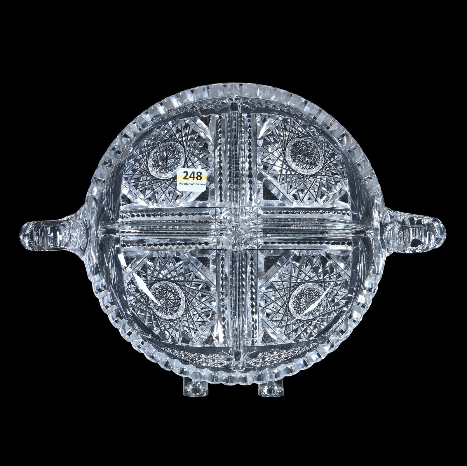 Two Handled Four Division Bowl, American Brilliant Cut Glass: Two Handled Four Division Bowl, American Brilliant Cut Glass, 12.5 x 9 x 3.25 Inches, Four Sections Of Hobstar, Prism, And Cane Motif, Double Notched Handles, 4.4 Pounds, Grady And Annette Hite