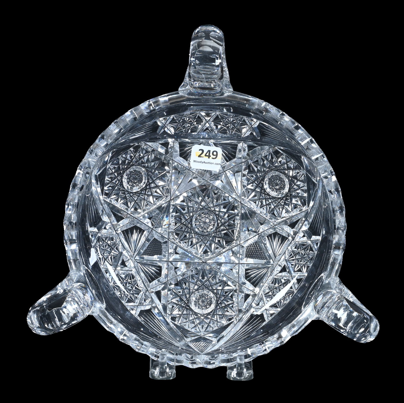 Three Handled Bowl, American Brilliant Cut Glass: Three Handled Bowl, American Brilliant Cut Glass, 10 x 9.75 x 3 Inches, Hobstar, Crosscutting, And Fan Motif, 3.4 Pounds, Grady And Annette Hite Collection.