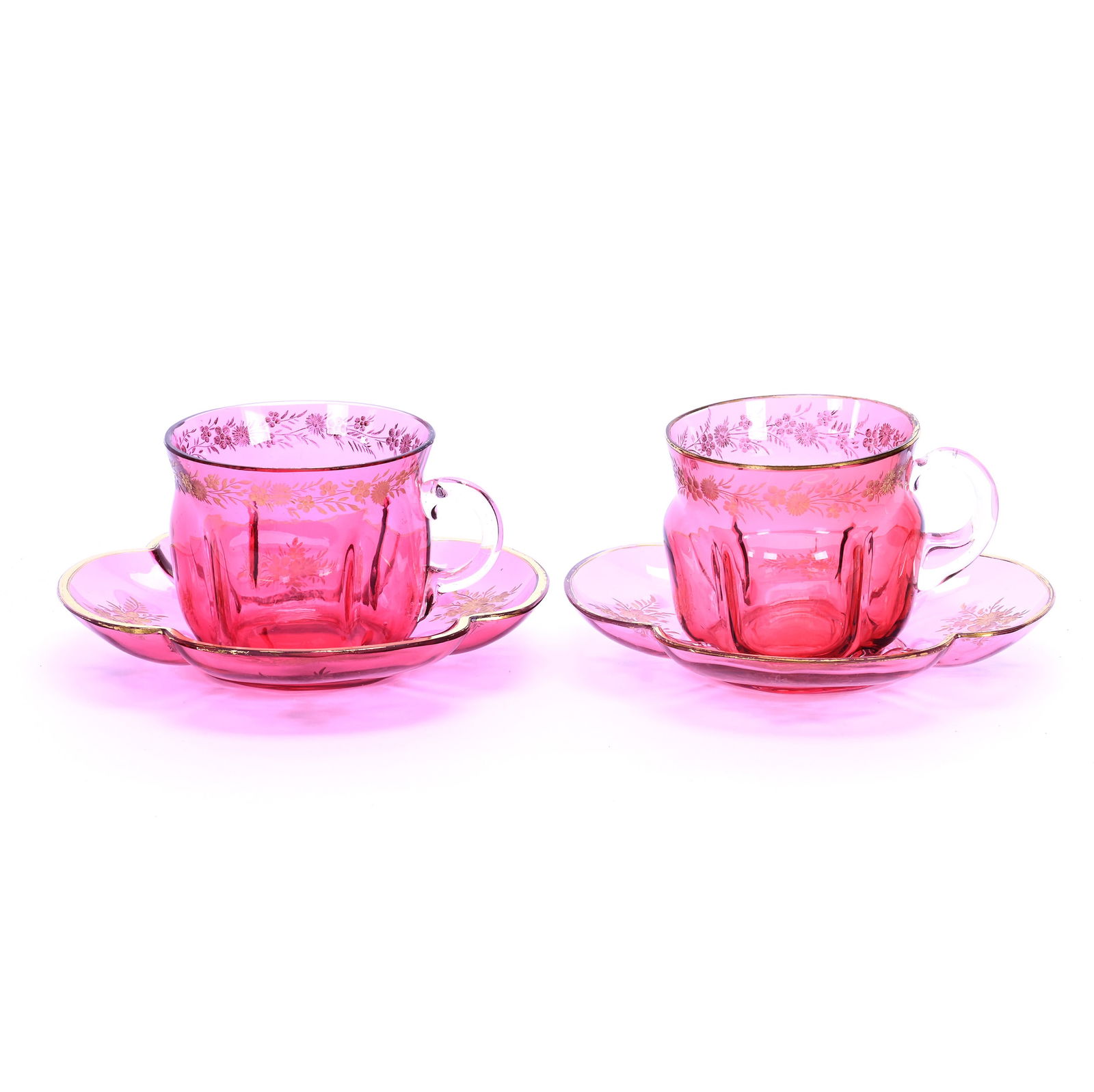 Pair Of Cup And Saucers, Unmarked Bohemian Art Glass: Pair Of Cups And Saucers, Unmarked Bohemian Art Glass, 2.25 x 4.75 x 4.75 Inches, Cranberry With Engraved Floral And Gold Highlights, 0.8 Pounds, Grady And Annette Hite Collection.