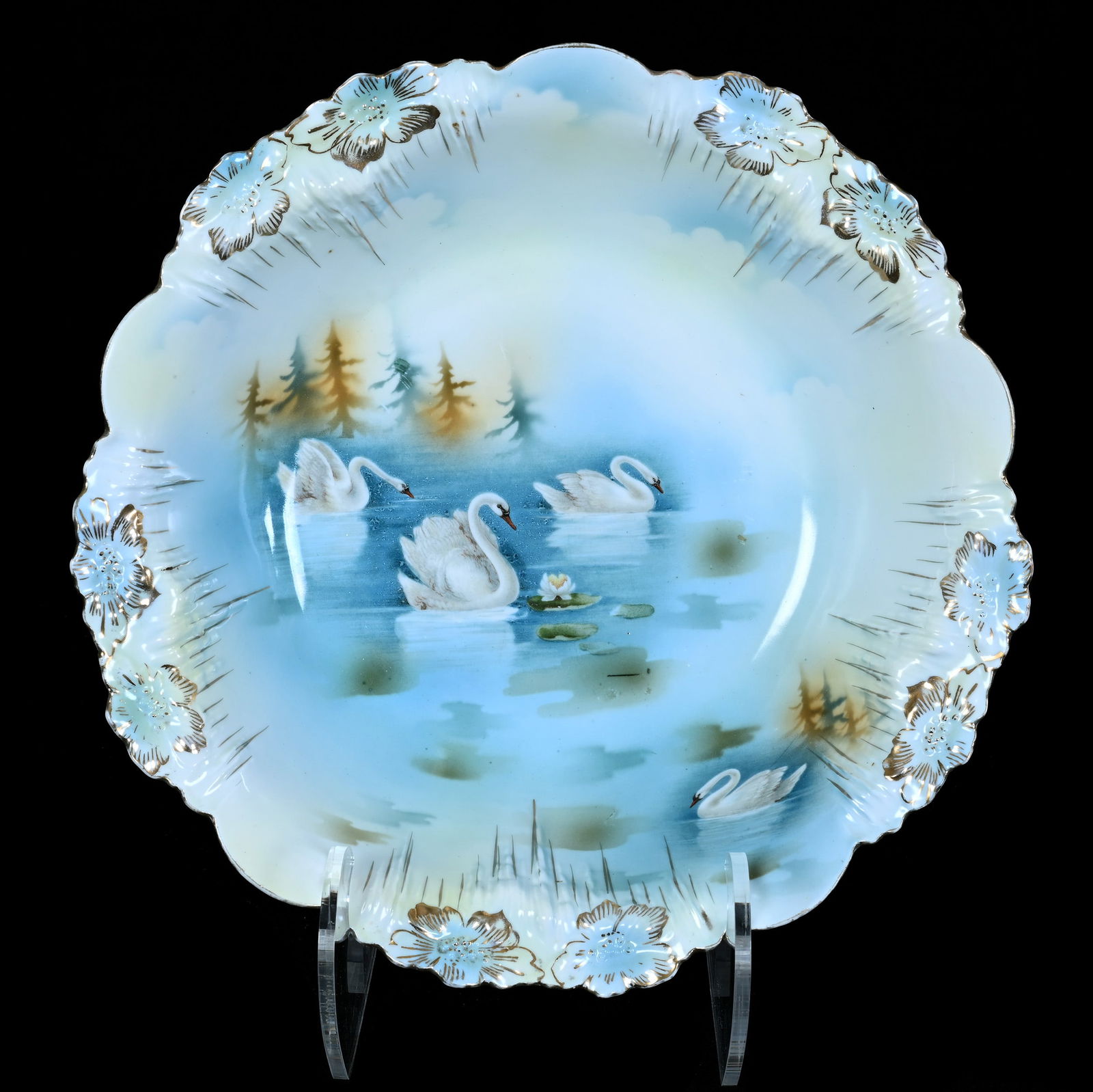 Bowl, Unmarked R.S. Prussia, Icicle Mold: Bowl, Unmarked R.S. Prussia, Icicle Mold, 10.5 x 10.5 x 3.75 Inches, Swan Scenic Decor, Gold Highlights, 1.2 Pounds, Grady And Annette Hite Collection.