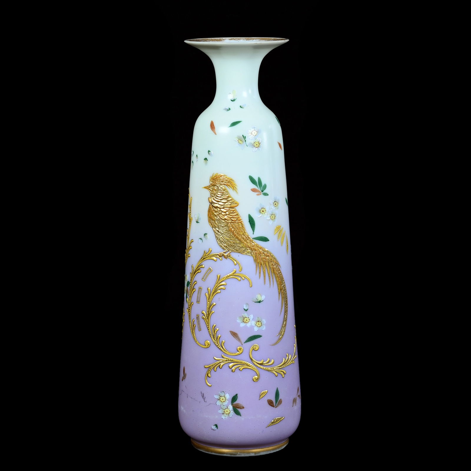 Vase, Opalware Art Glass: Vase, Opalware Art Glass, 13.75 x 4.25 x 4.25 Inches, Yellow Shading To Lavender, Heavy Enamel Pheasant And Floral Decor, 1.7 Pounds, Grady And Annette Hite Collection.