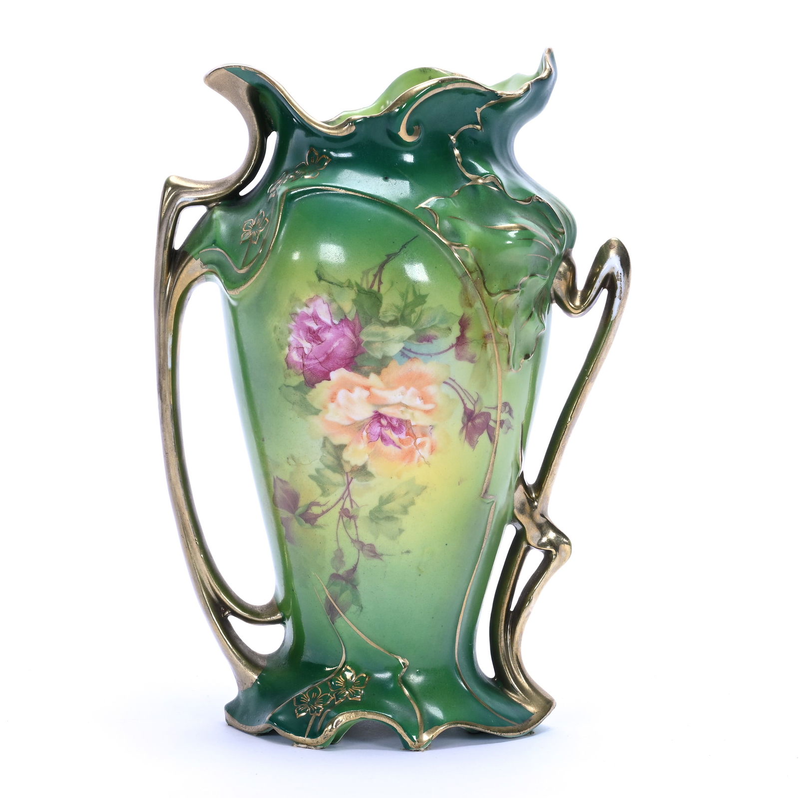 Two Handled Vase, Marked Royal Vienna, Floral Mold: Two Handled Vase, Marked Royal Vienna, Floral Mold, 7.5 x 5.25 x 3.5 Inches, Green And Yellow Tones With Rose Decor, Gold Trim Highlights, 0.8 Pounds, Grady And Annette Hite Collection.