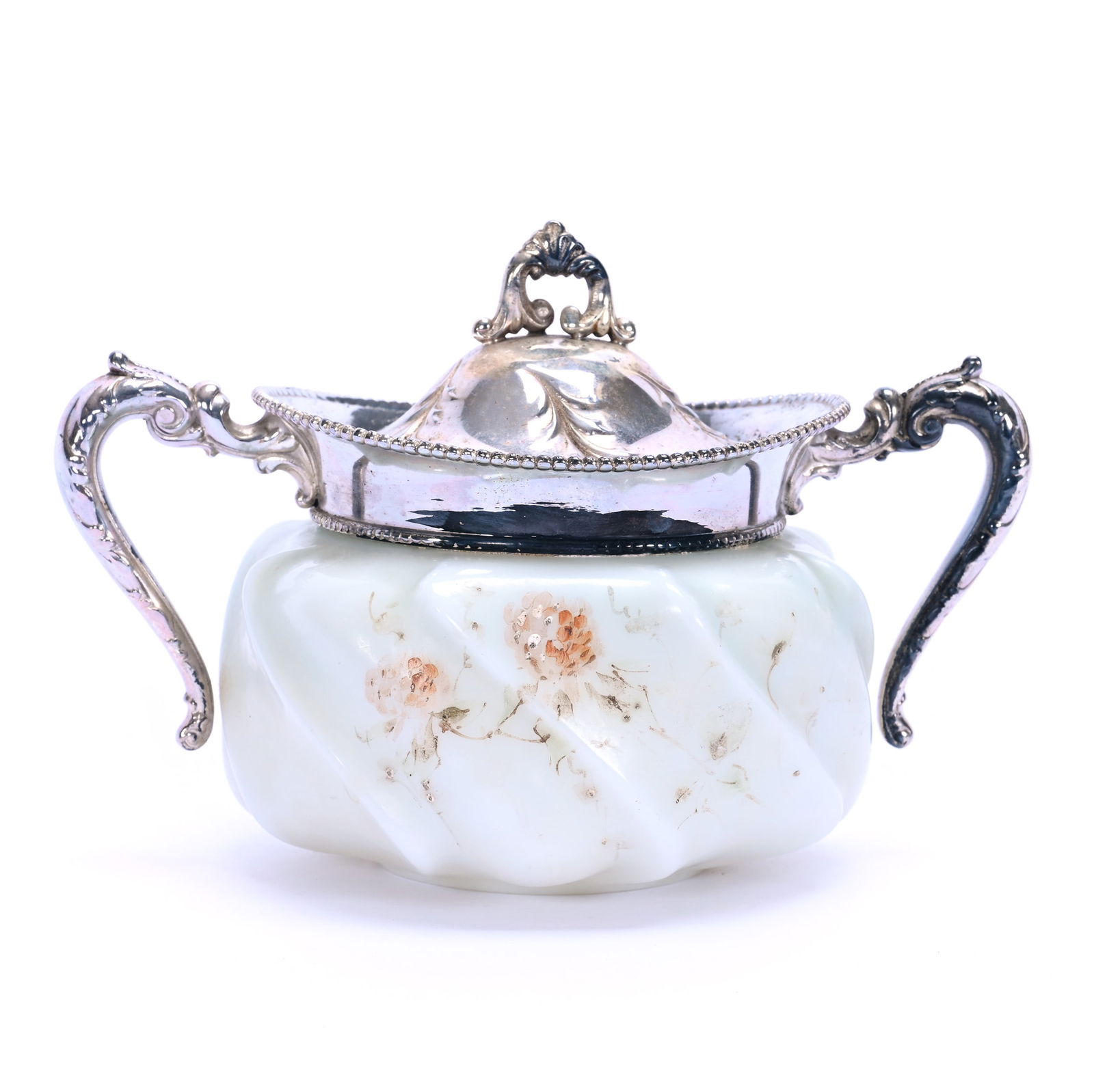 Sugar Bowl, Unmarked Wave Crest, Swirl Mold: Sugar Bowl, Unmarked Wave Crest, Swirl Mold, 4.25 x 6.5 x 4 Inches, White And Light Green With Pink Floral Decor, Silverplate Lid, Rim, And Handles, 0.9 Pounds, Grady And Annette Hite Collection.