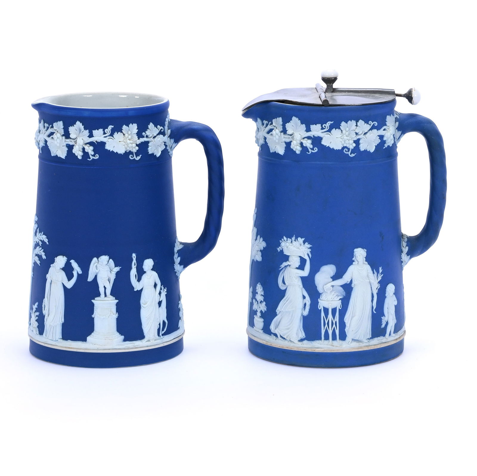 Pair Of Pitchers, Marked Wedgwood: Pair Of Pitchers, Marked Wedgwood, 6.5 x 4.5 x 3.75 Inches, Classic Blue And White With Scenic Relief Decor, One With Original Pewter Flip Mechanical Top, 3 Pounds, Grady And Annette Hite Collection.