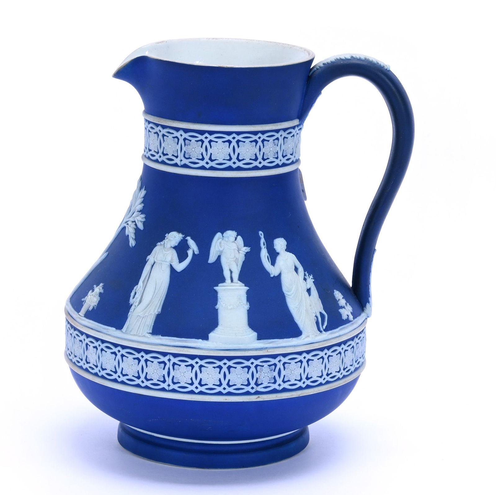 Pitcher, Marked Wedgwood: Pitcher, Marked Wedgwood, 8 x 6.5 x 6 Inches, Classic Blue And White With Scenic Relief, Nice Form, 2.1 Pound, Grady And Annette Hite Collection.