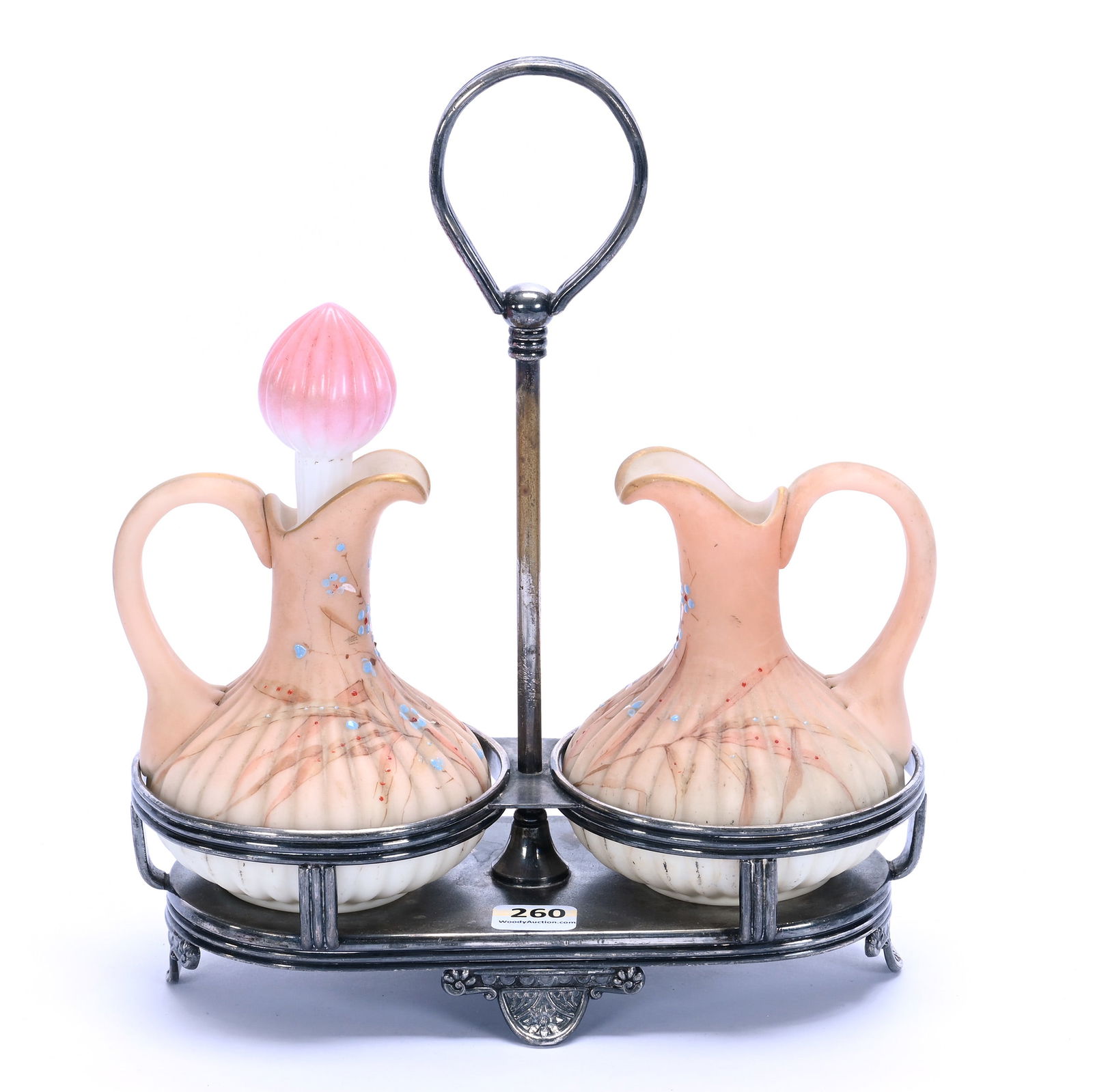 Cruet Set, Unmarked Mt. Washington, Burmese Colored: Cruet Set, Unmarked Mt. Washington, Burmese Colored, 10 x 8.5 x 4 Inches, Melon Ribbed Cruets With Enamel Floral Decor, Set On Pairpoint #739 Silverplate Frame, One Wrong Color Stopper, And One