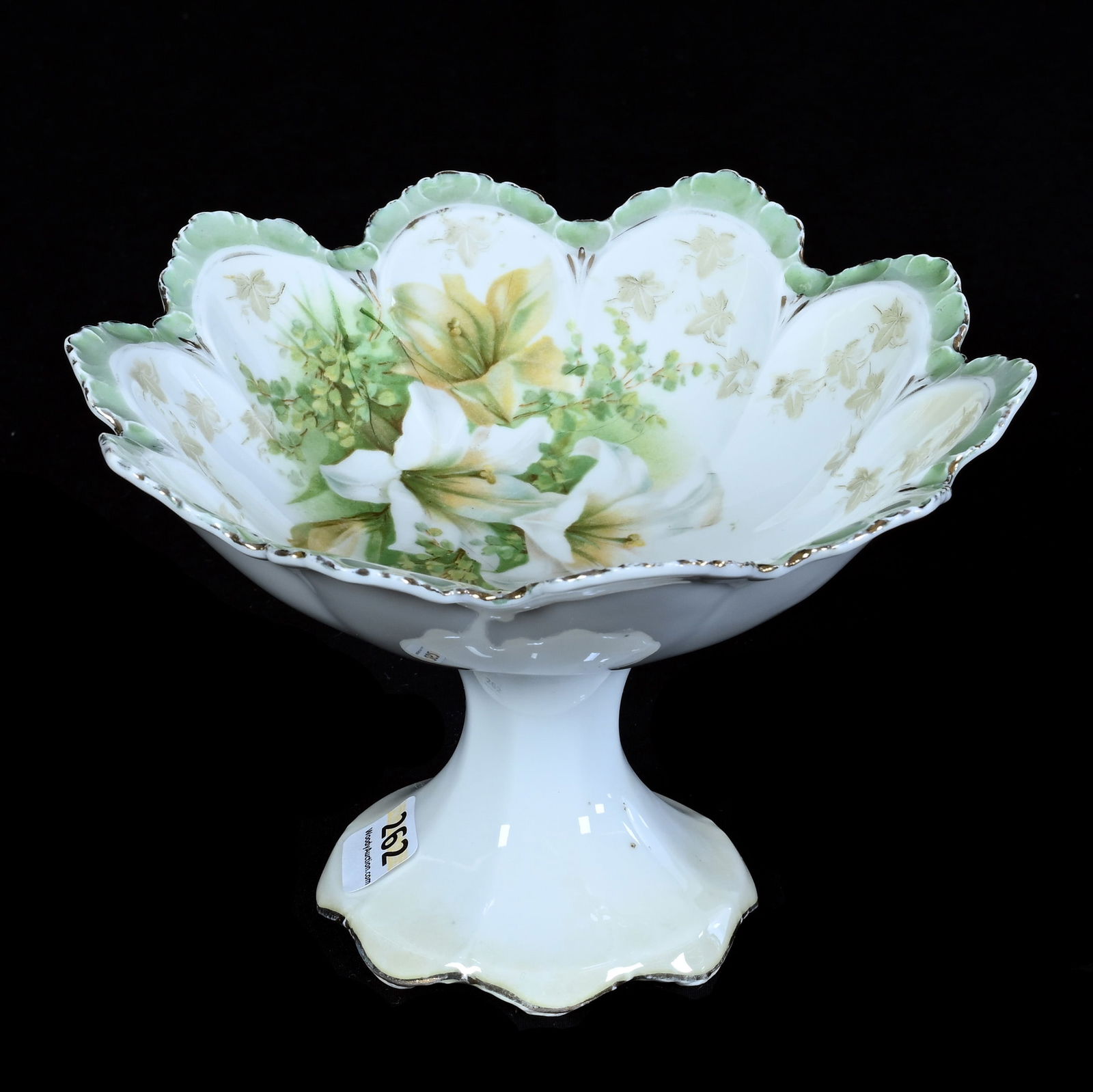 Compote, Unmarked R.S. Prussia: Compote, Unmarked R.S. Prussia, 7 x 7 x 4.5 Inches, Green And White Luster Finish With Easter Lily Decor, 0.6 Pounds, Grady And Annette Hite Collection.