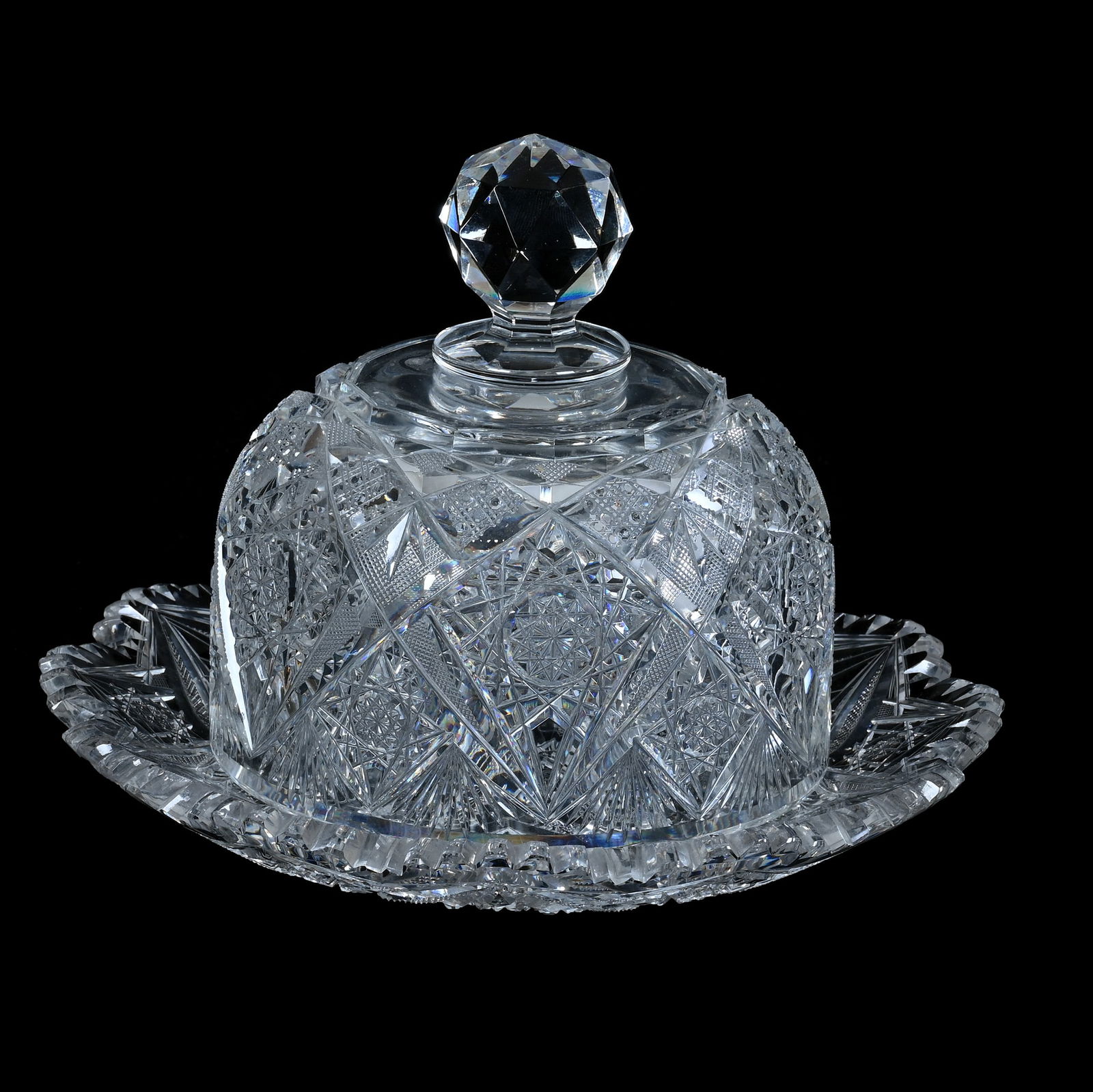 Covered Butter Dish, American Brilliant Cut Glass, Pattern #100 By Elmira: Covered Butter Dish, American Brilliant Cut Glass, Pattern #100 By Elmira, 5.5 x 7.75 x 7.75 Inches, Nice Example, 3.5 Pounds, Grady And Annette Hite Collection.