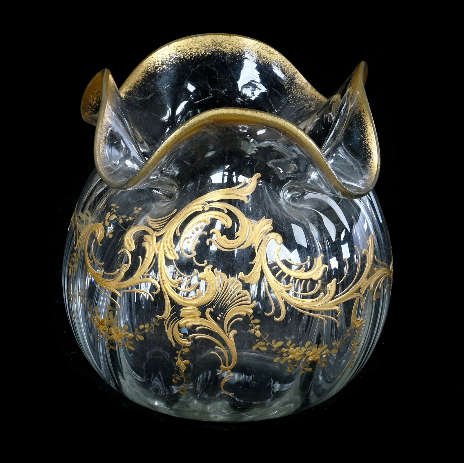 Bag Shaped Vase, Unmarked French Art Glass, Attributed To St. Louis Glass: Bag Shaped Vase, Unmarked French Art Glass, Attributed To St. Louis Glass, 6.25 x 5.5 x 5.5 Inches, Clear Crystal With Optic Rib Design, Gold Enamel Scroll And Floral Highlights, 1.8 Pounds, Grady