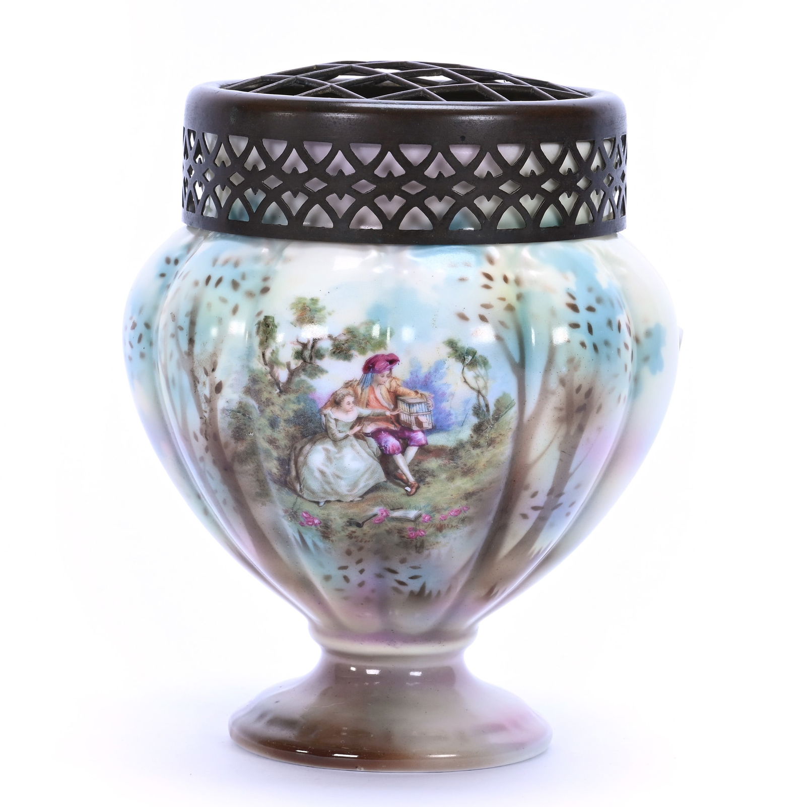 Pedestal Flower Vase, Unmarked Germany: Pedestal Flower Vase, Unmarked Germany, 6 x 5 x 5 Inches, Melon Ribbed Body With Bird In Cage Scenic Decor, Original Metal Flower Frog Top, 0.9 Pounds, Grady And Annette Hite Collection.