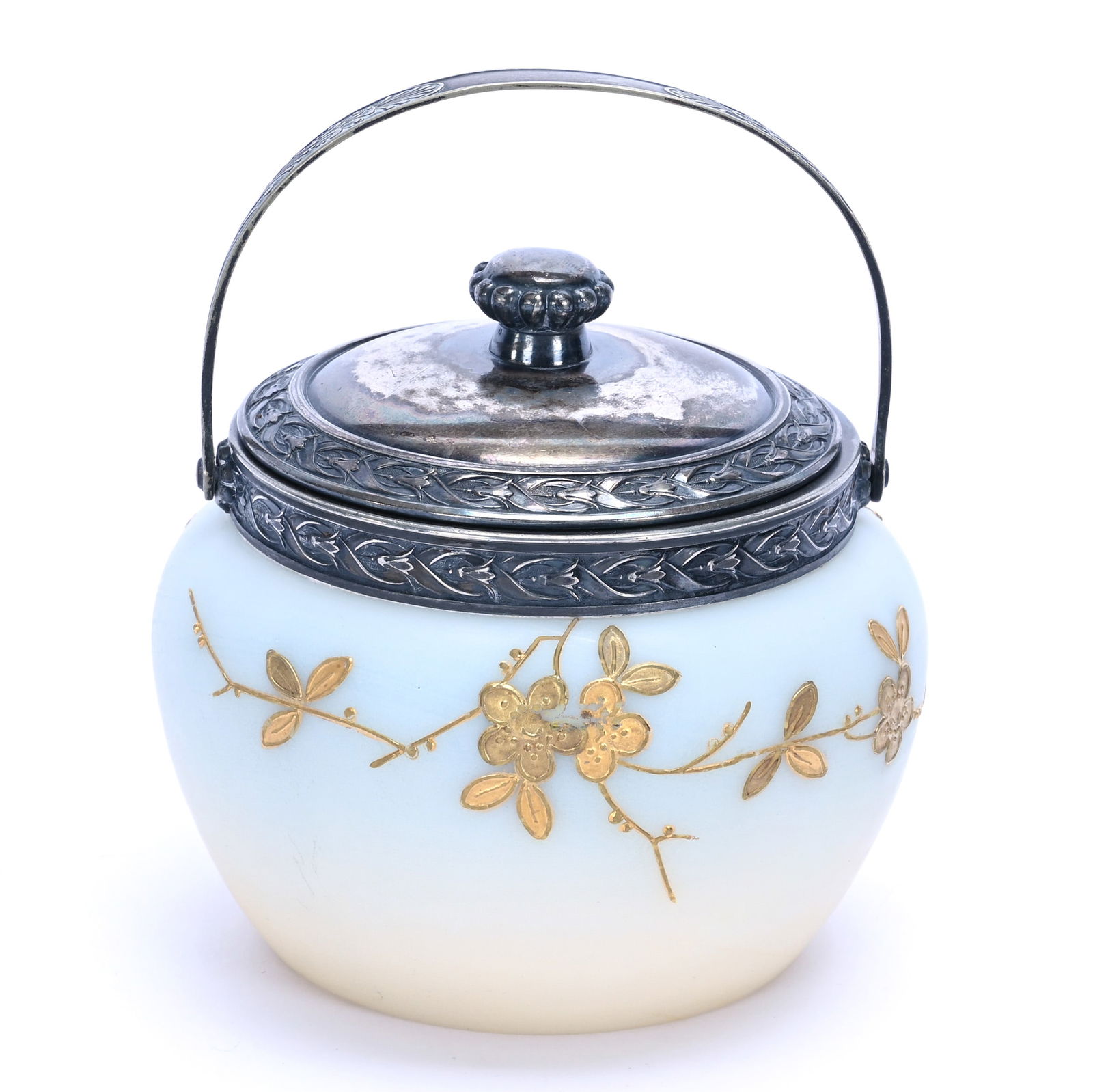 Jam Jar, Unmarked Smith Bros: Jam Jar, Unmarked Smith Bros, 3.5 x 3.5 x 3.5 Inches, Blue Shading To Yellow, Enamel Gold Blossom Decor, Silverplate Lid And Bail, 0.7 Pounds, Grady And Annette Hite Collection.