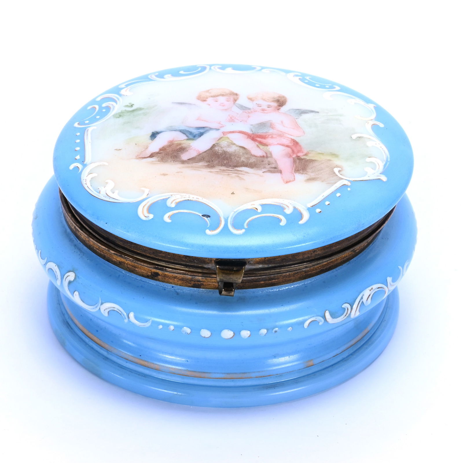 Jewel Box, Opalware Art Glass: Jewel Box, Opalware Art Glass, 2.75 x 5.25 x 5.25 Inches, Blue With Cherub Decor, 1.1 Pounds, Grady And Annette Hite Collection.