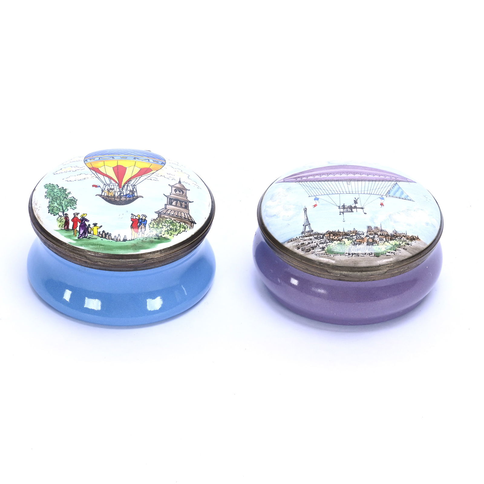 Pair Of Pill Boxes, Marked "Made In England By Crummles And Co": Pair Of Pill Boxes, Marked "Made In England By Crummles And Co", 1.25 x 2.5 x 2.5 Inches, Enameled Metal Boxes With Balloon Over Cityscape Designs, Circa 1970s, 0.3 Pounds, Grady And Annette Hite Coll