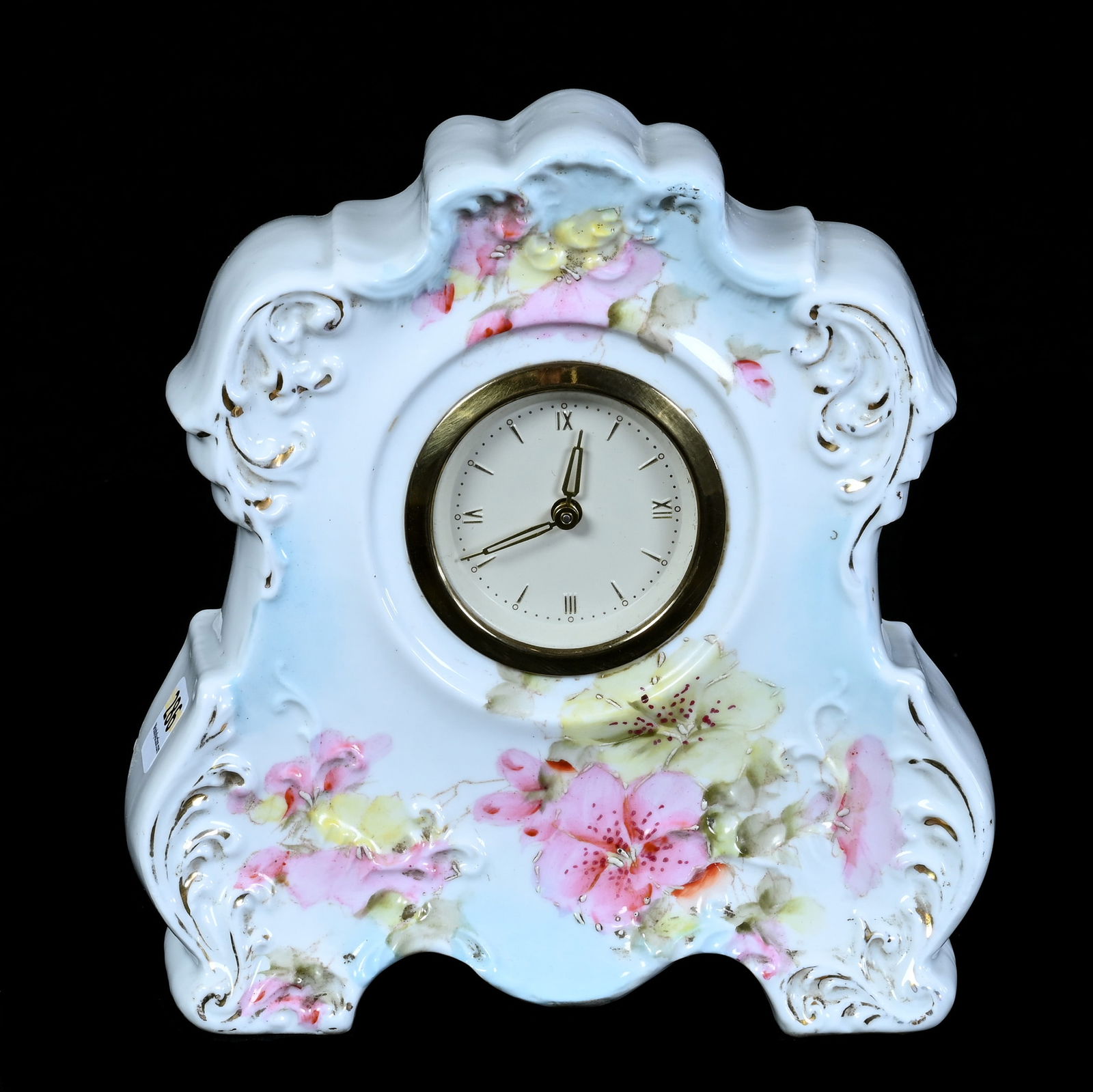 Clock, Unmarked R.S. Prussia: Clock, Unmarked R.S. Prussia, 7 x 6.75 x 2.25 Inches, White And Blue Tones With Pink And Yellow Floral Decor, German Clock Works, 2 Pounds, Grady And Annette Hite Collection.